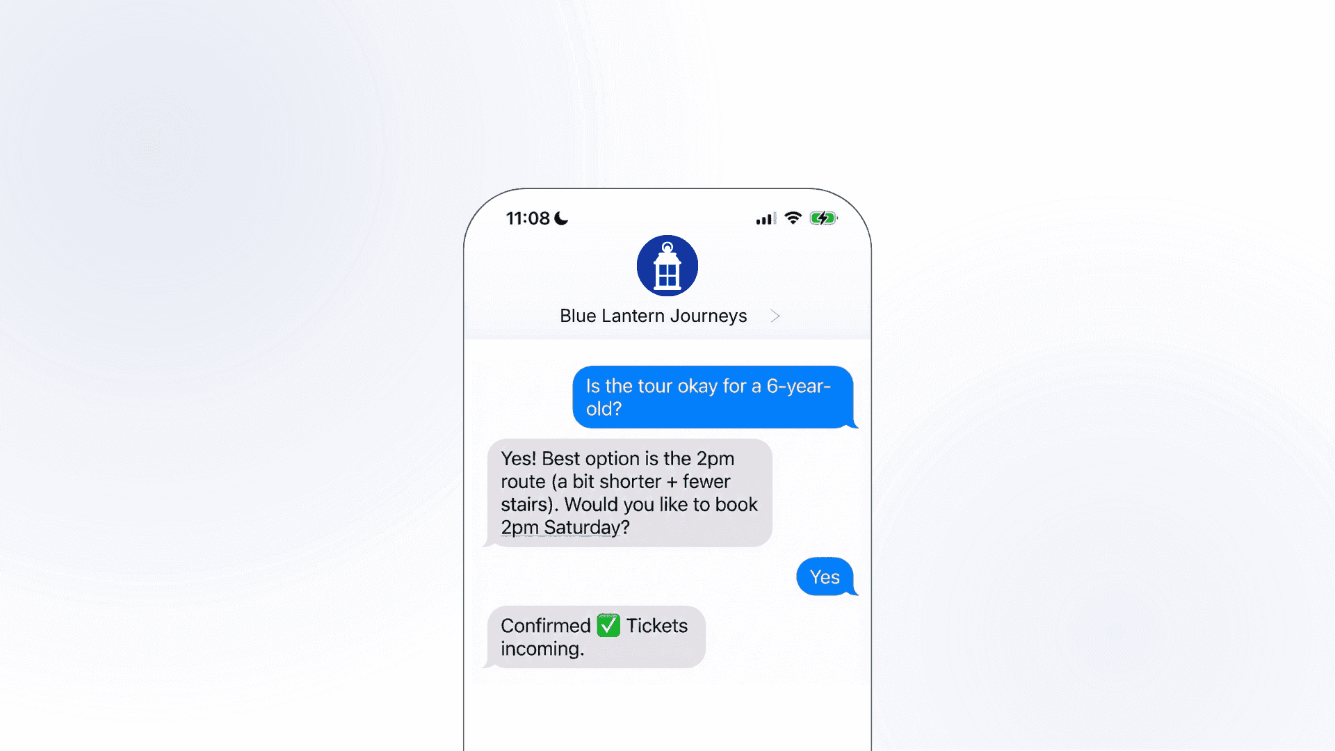 A smartphone mockup showing a Blue Lantern Journeys SMS conversation where a parent asks if a tour is suitable for a 6-year-old, is recommended the child-friendly 2pm route, and confirms the Saturday booking in just three messages.