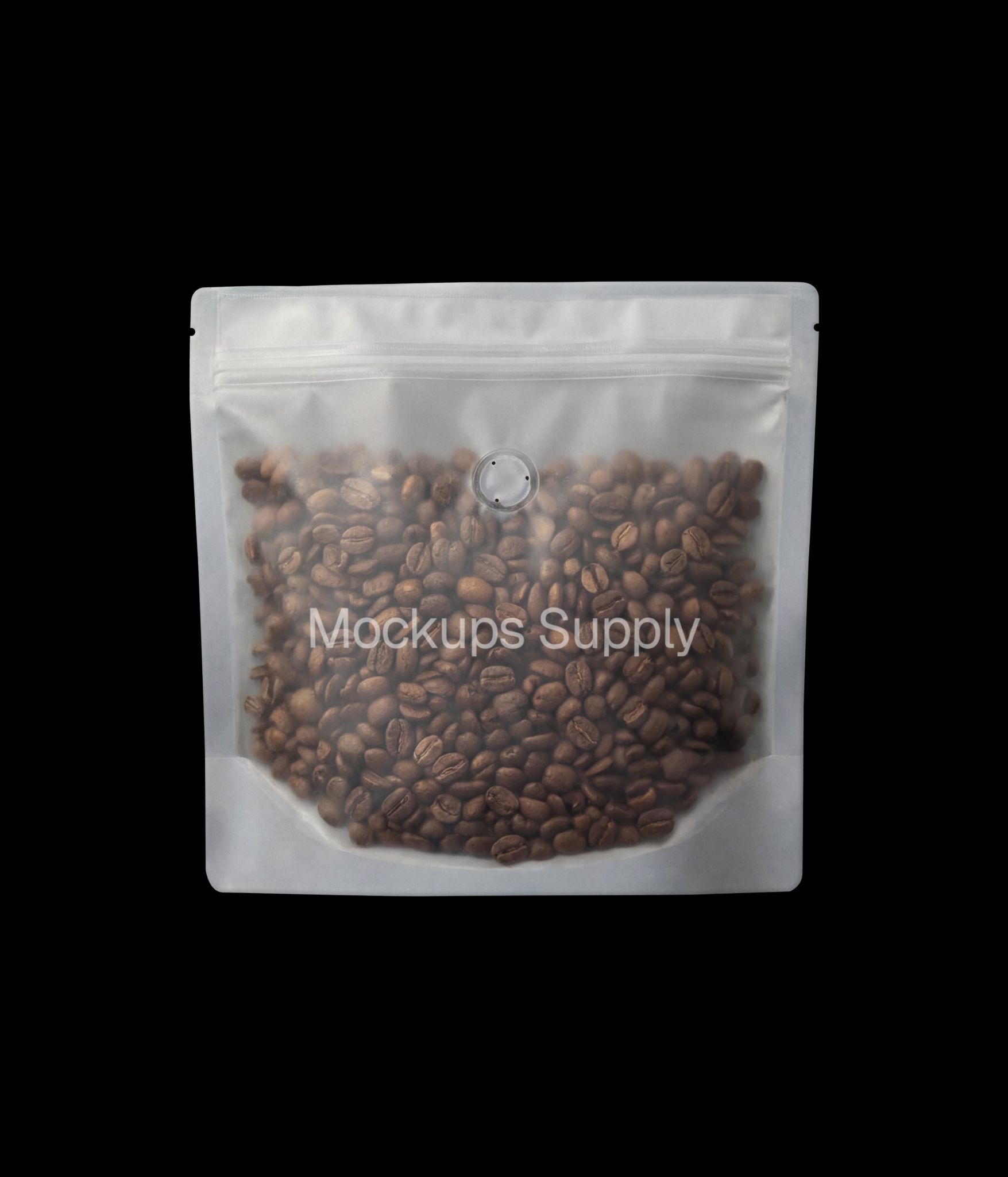 Transparent coffee bag mockup with beans and valve for packaging branding presentation