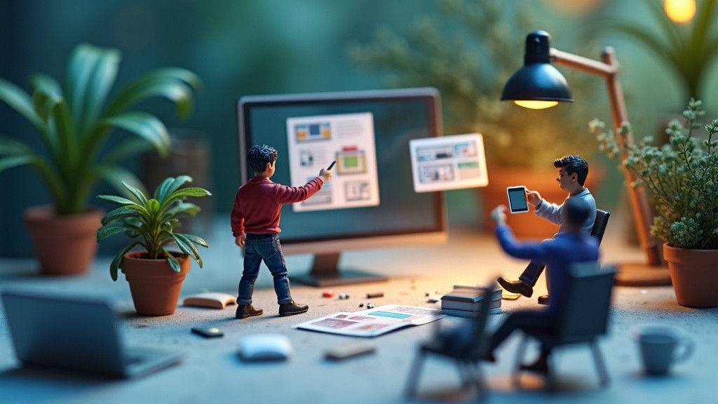 Tiny designers building a Framer website on a miniature interactive canvas with UI blocks, layout grid, and glowing screen elements.