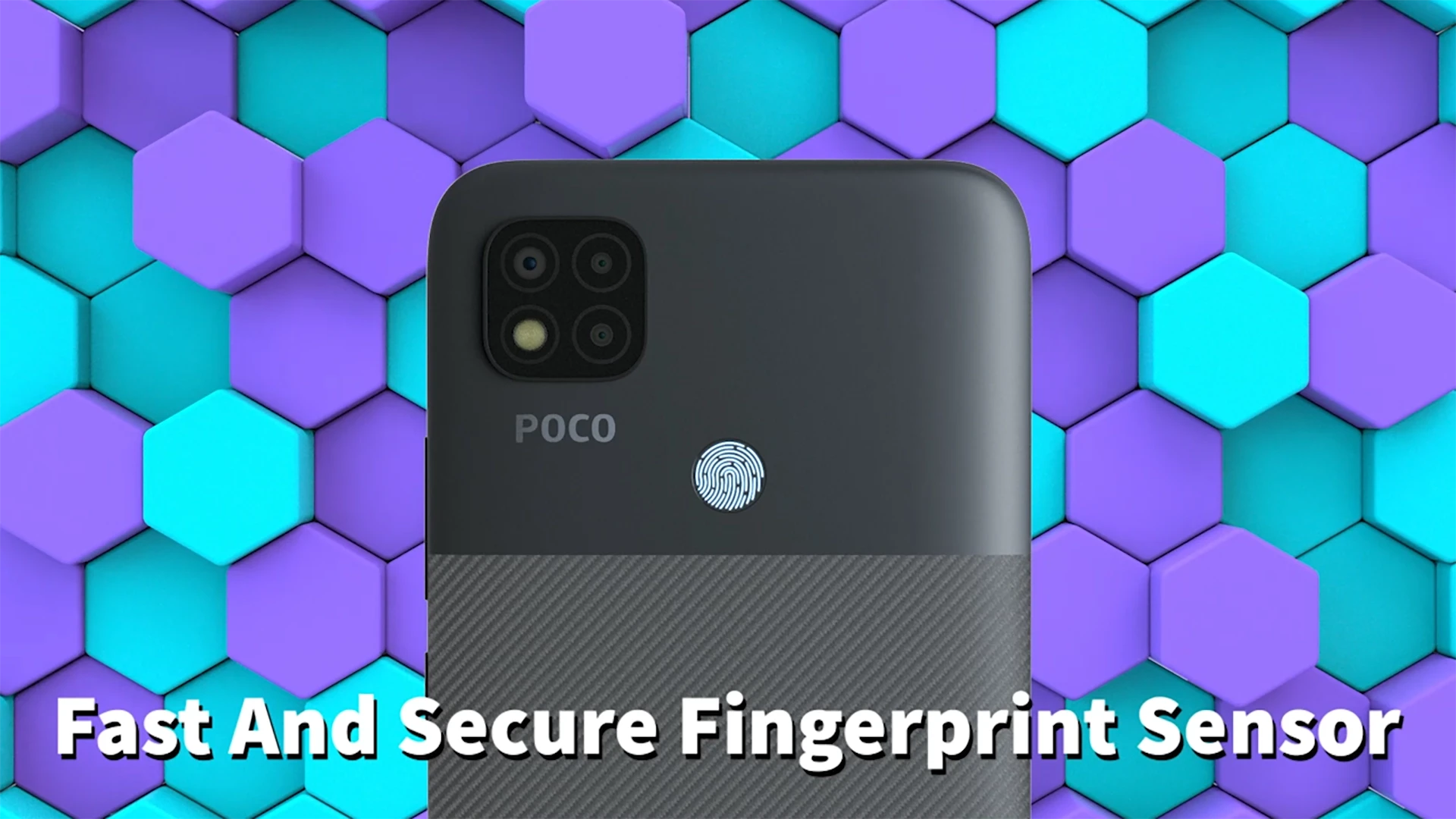 Close-up 3D render highlighting POCO C31 display and frame