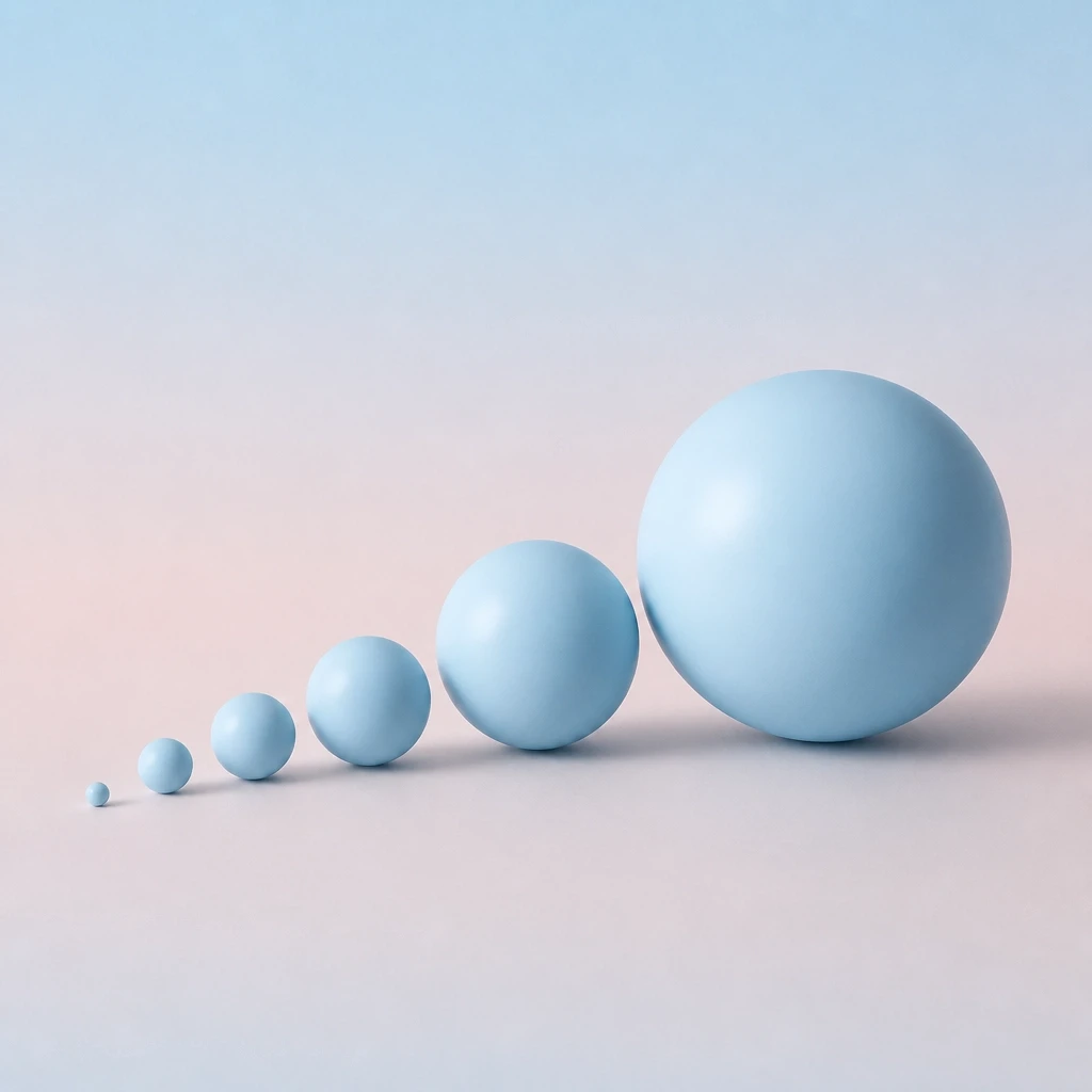 Minimalist spheres of increasing size representing compounding results and amplification