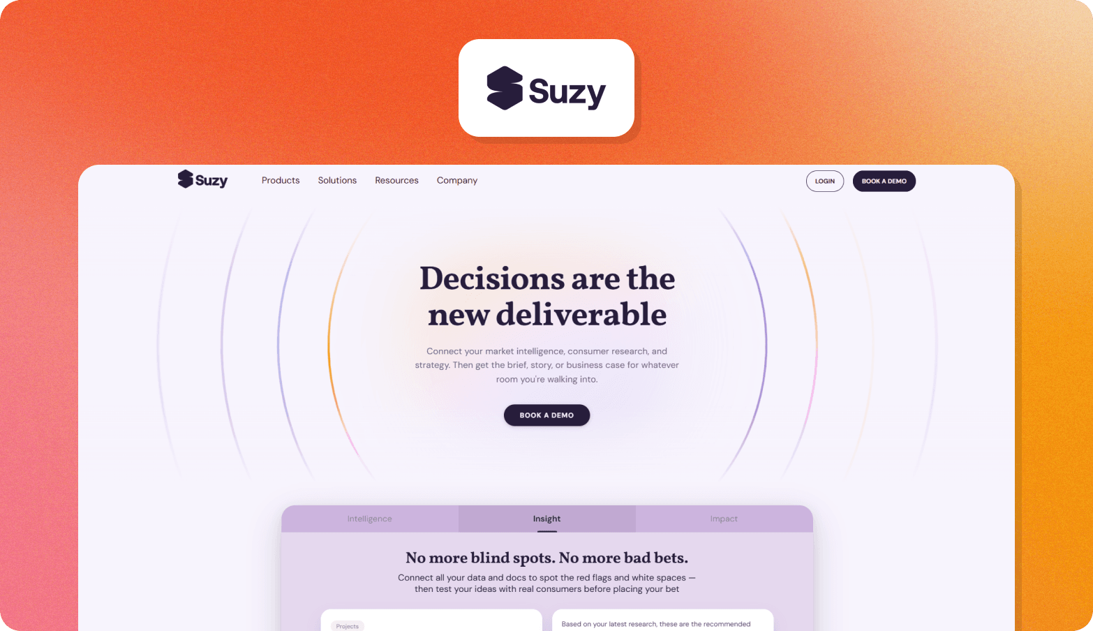 Suzy homepage with the headline "Decisions are the new deliverable," and a tabbed panel below reading "No more blind spots. No more bad bets," with Intelligence, Insight, and Impact tabs.