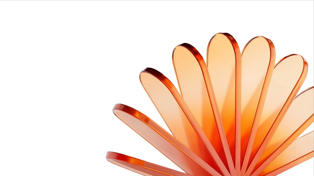 오렌지빛 반투명 판들이 겹겹이 퍼진 방사형 구조의 추상 이미지