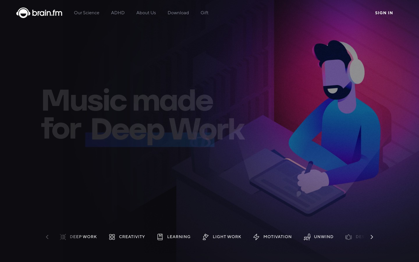 Brain.fm homepage hero section showing focus music app