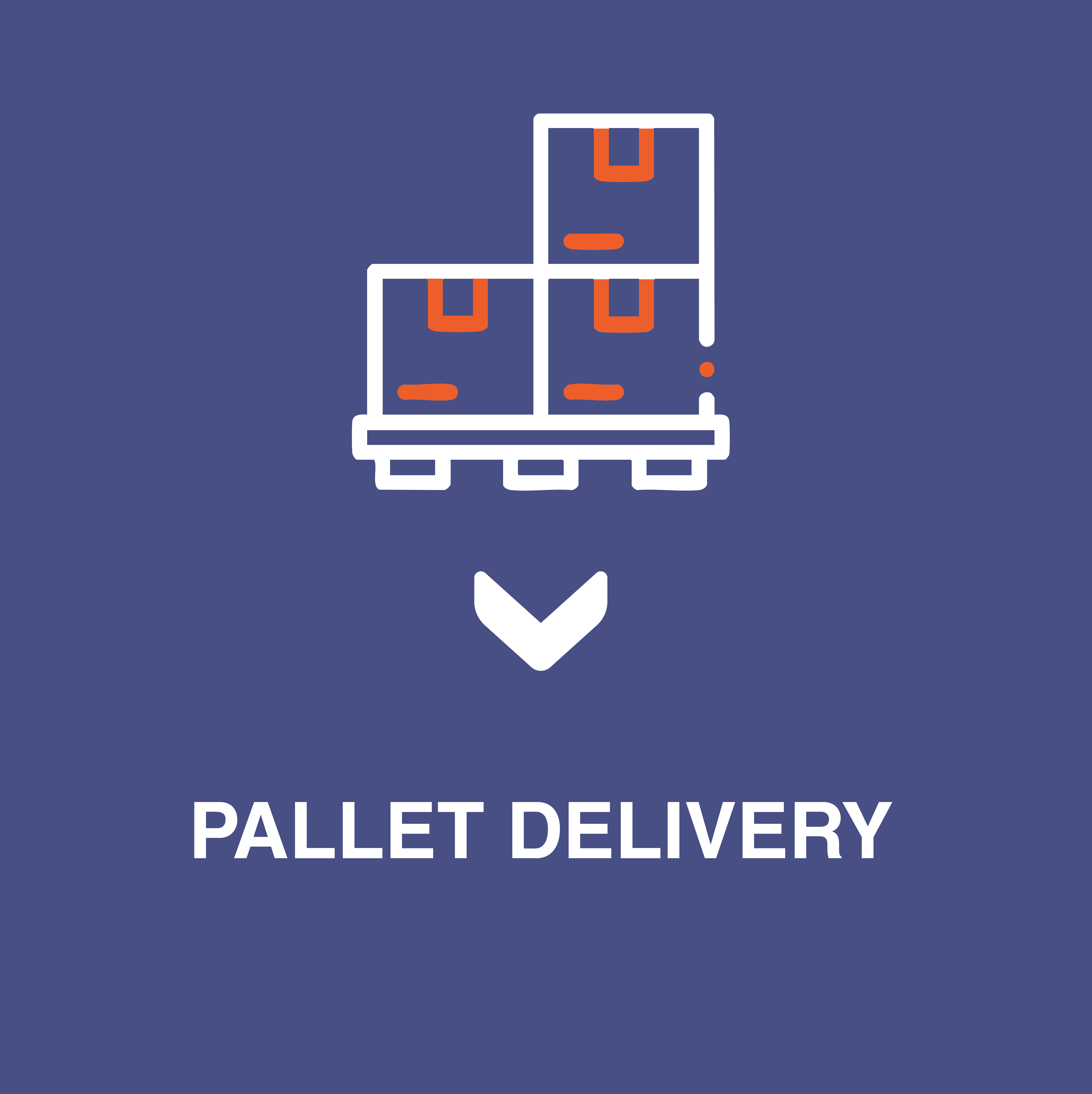 Icon of white boxes on a blue background with text in white that says pallet delivery 