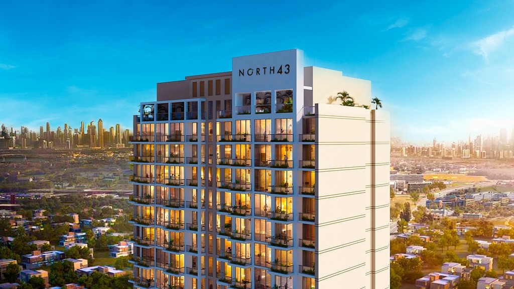 Illustration of a contemporary building with a car passing by, featuring the label "North 43."
