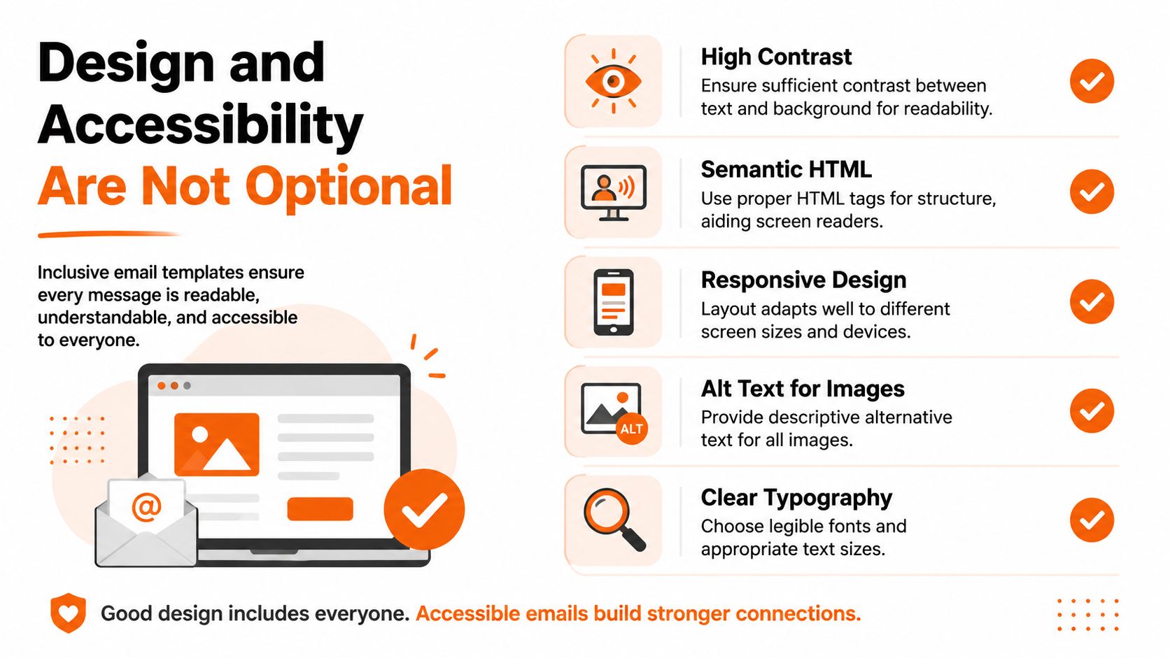 An infographic titled Design and Accessibility Are Not Optional highlighting five key practices for creating inclusive email newsletters.