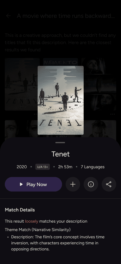 Detailed view of AI explaining a "match" by identifying specific scenes or narrative themes that fit the user's memory