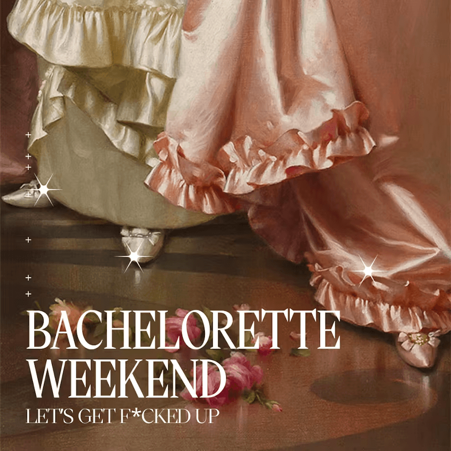 Text graphic promoting a "Bachelorette Weekend," featuring elegant fabric and flowers in a festive setting.