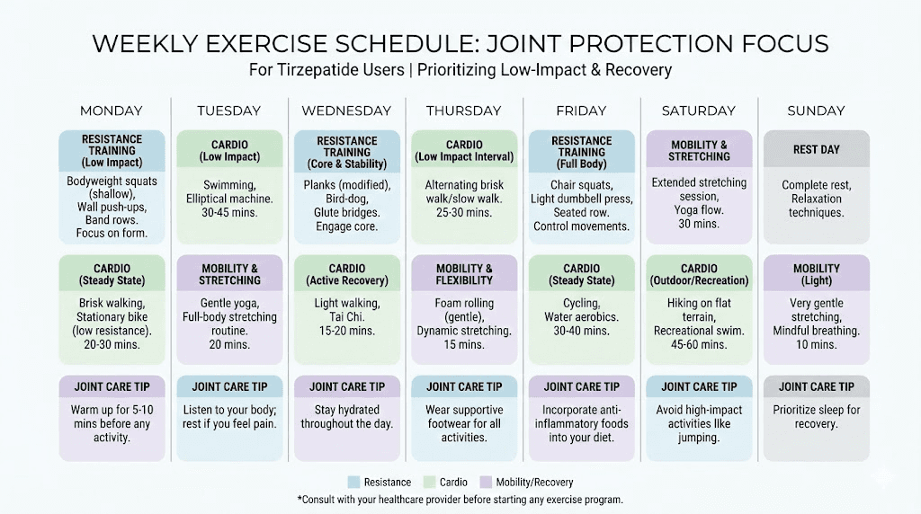 Weekly exercise plan for joint protection during tirzepatide weight loss treatment