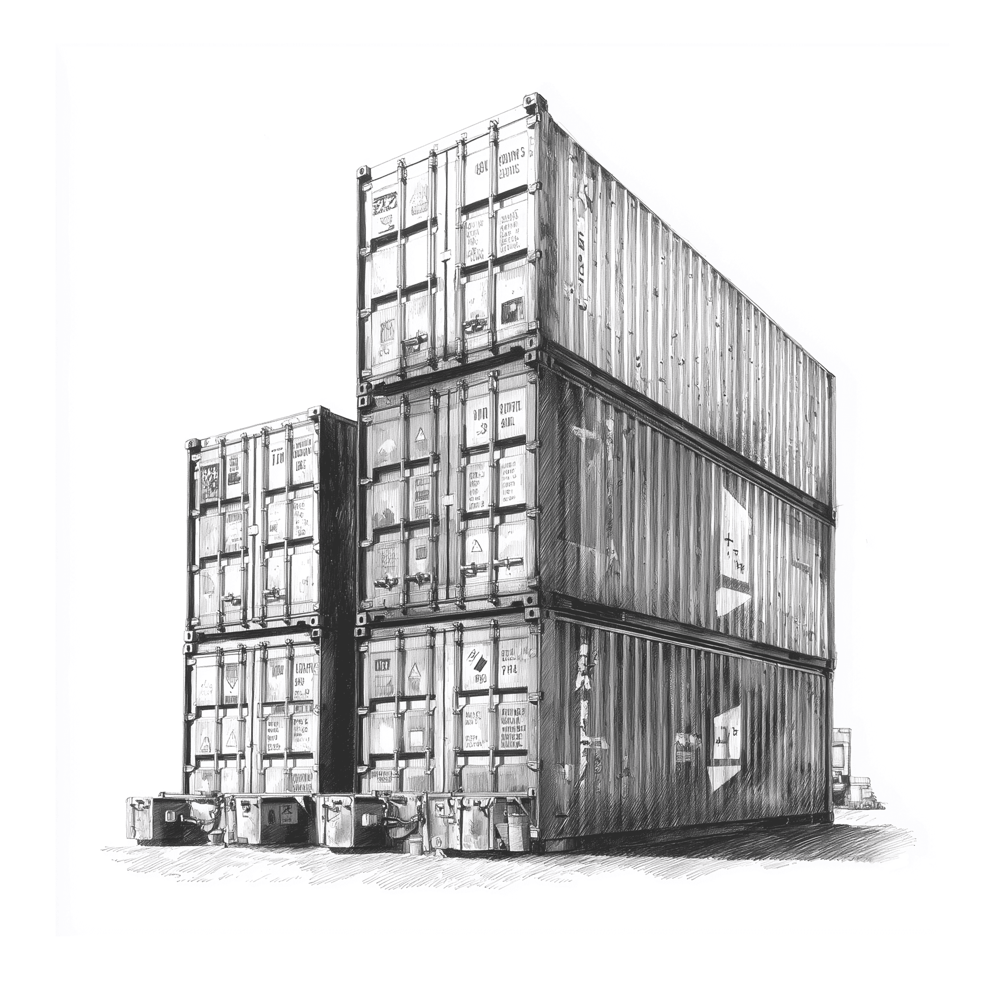 Navegation icon, charcoal drawing of multiple sea transport containers piled together