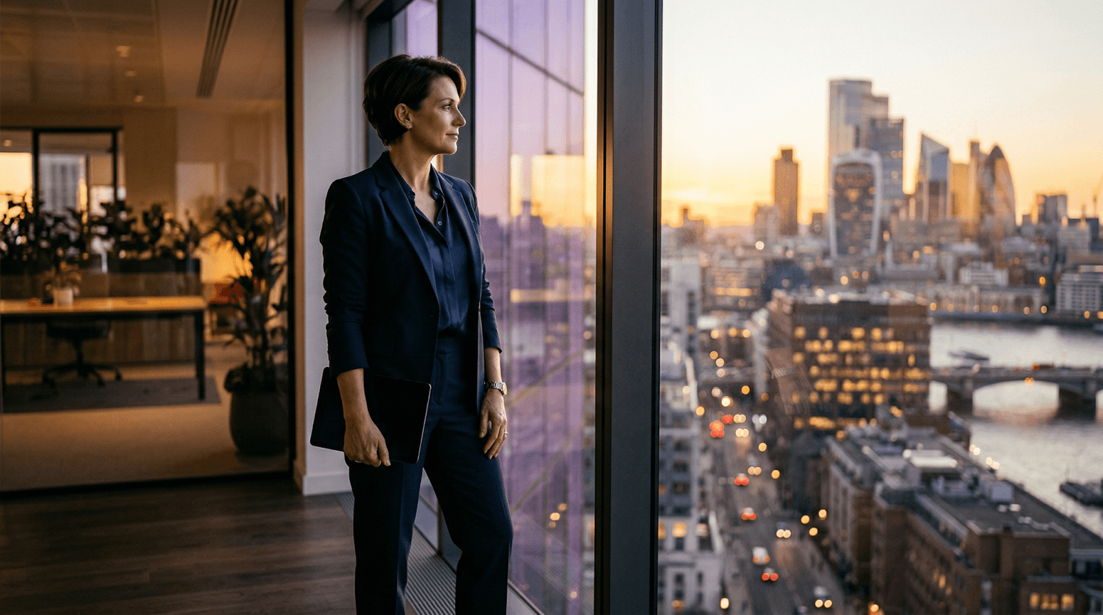 Senior communications leader looking at city skyline, representing strategic clarity through AI-powered reputation engineering