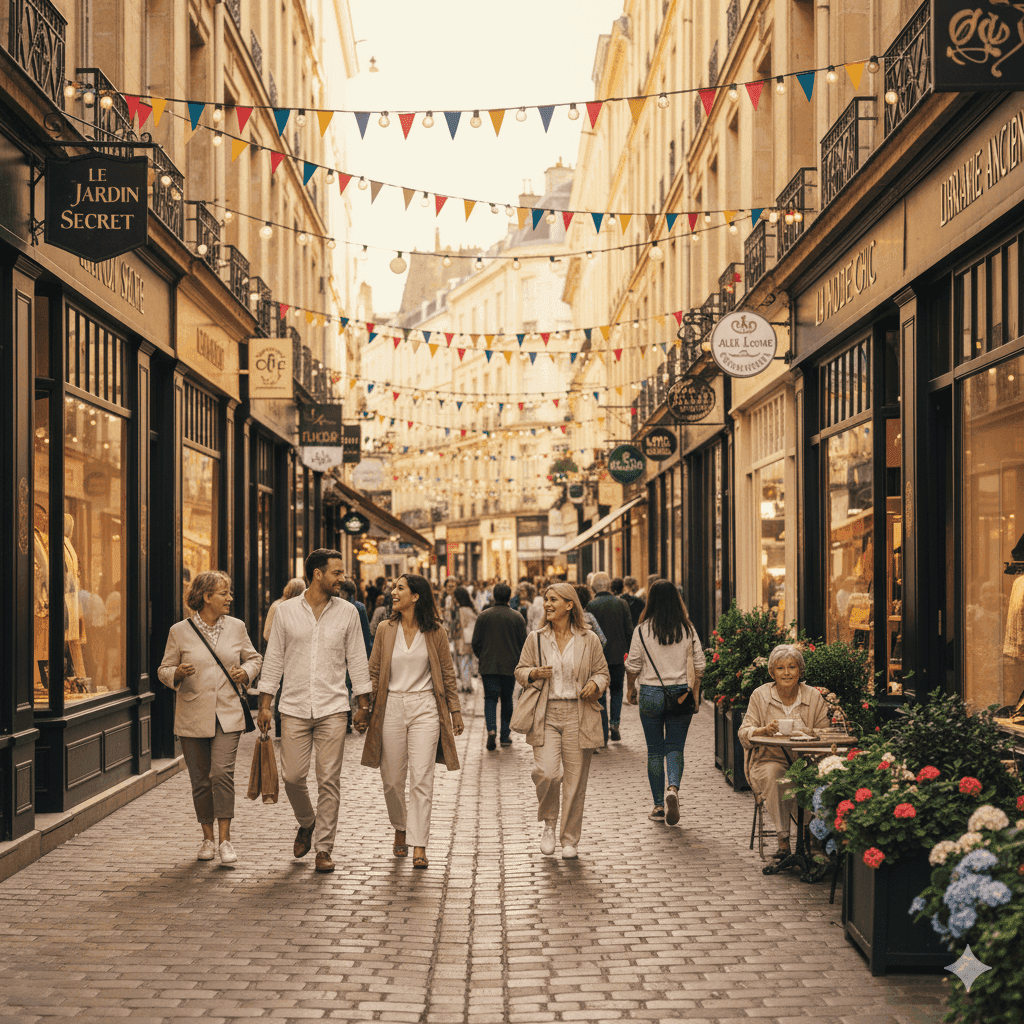 Illustration d’une rue commerçante aux façades colorées, symbolisant les commerces de proximité et les valeurs de Gling : simplicité, humanité et lien authentique.