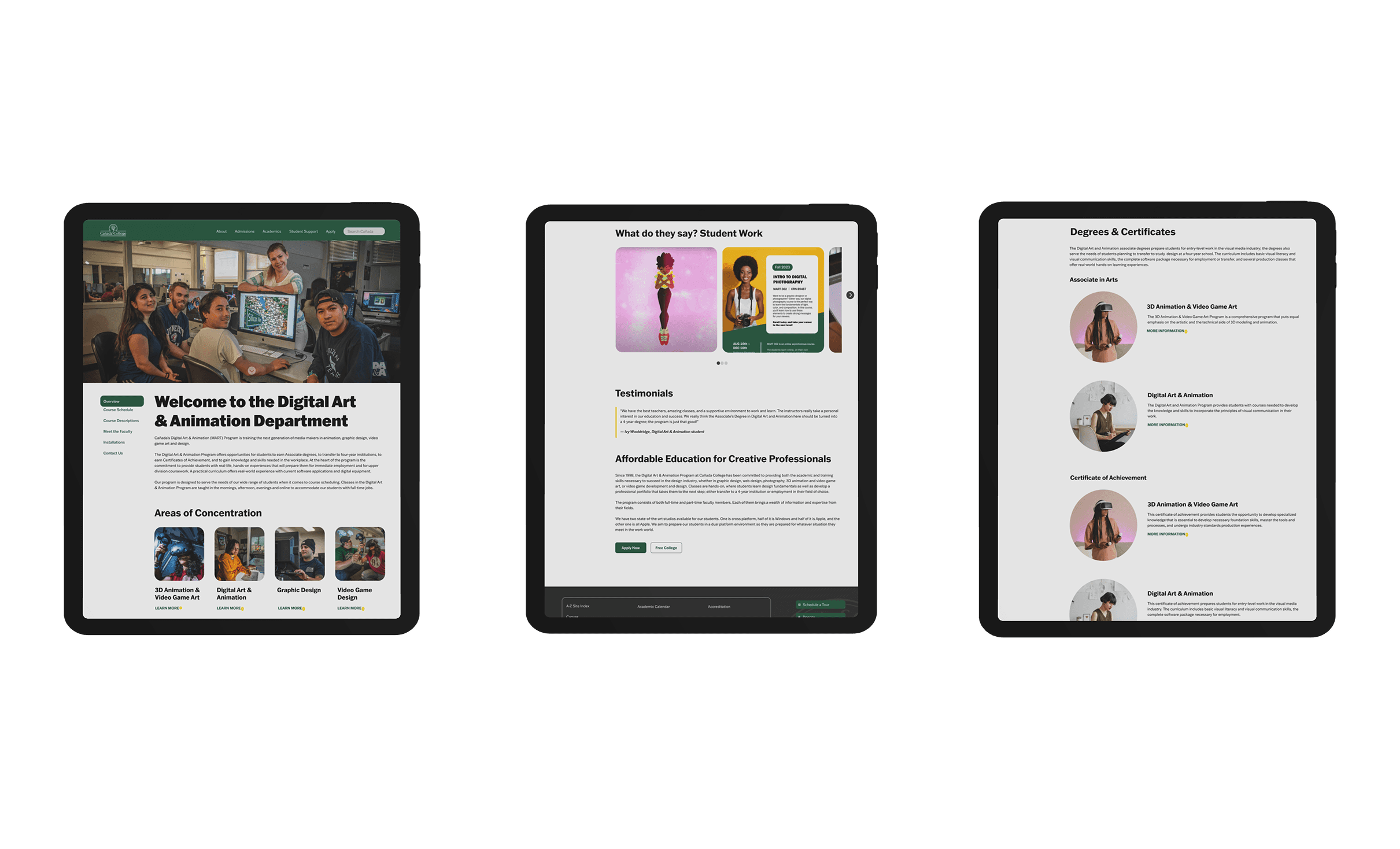 three high fidelity mockups of the webpage