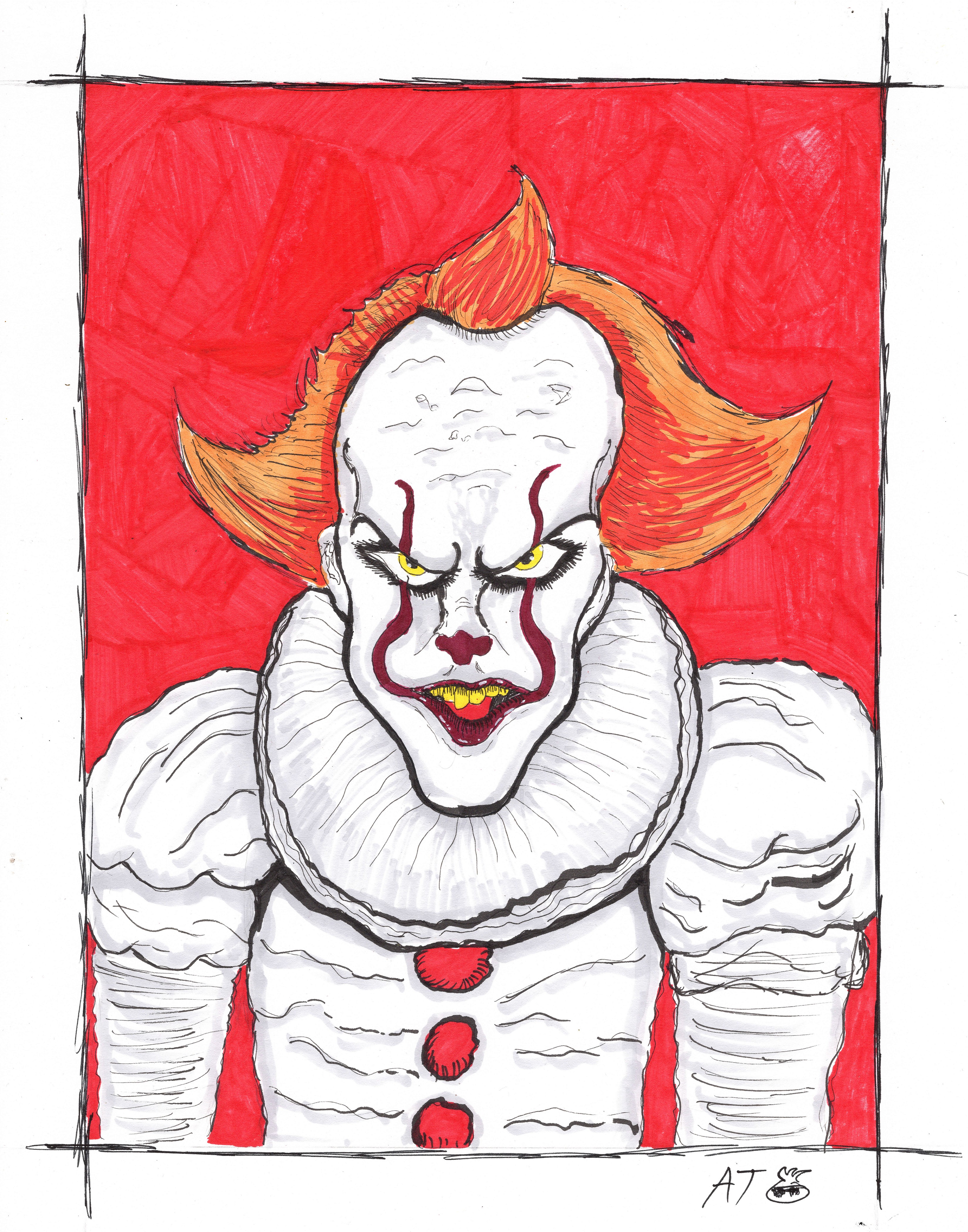 Illustration of Pennywise the clown with orange hair, yellow eyes and a white ruffled costume against a vivid red background, drawn in marker and ink by Autistic Tomato.