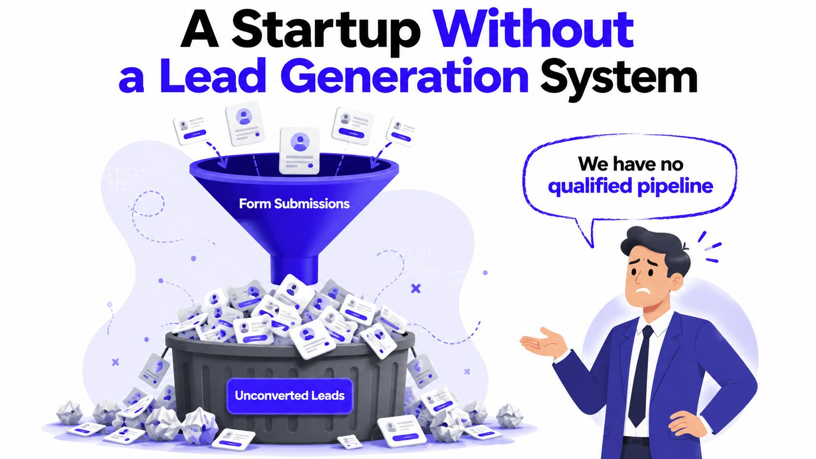 A professional illustration of a startup missing a lead generation system with wasted business leads.