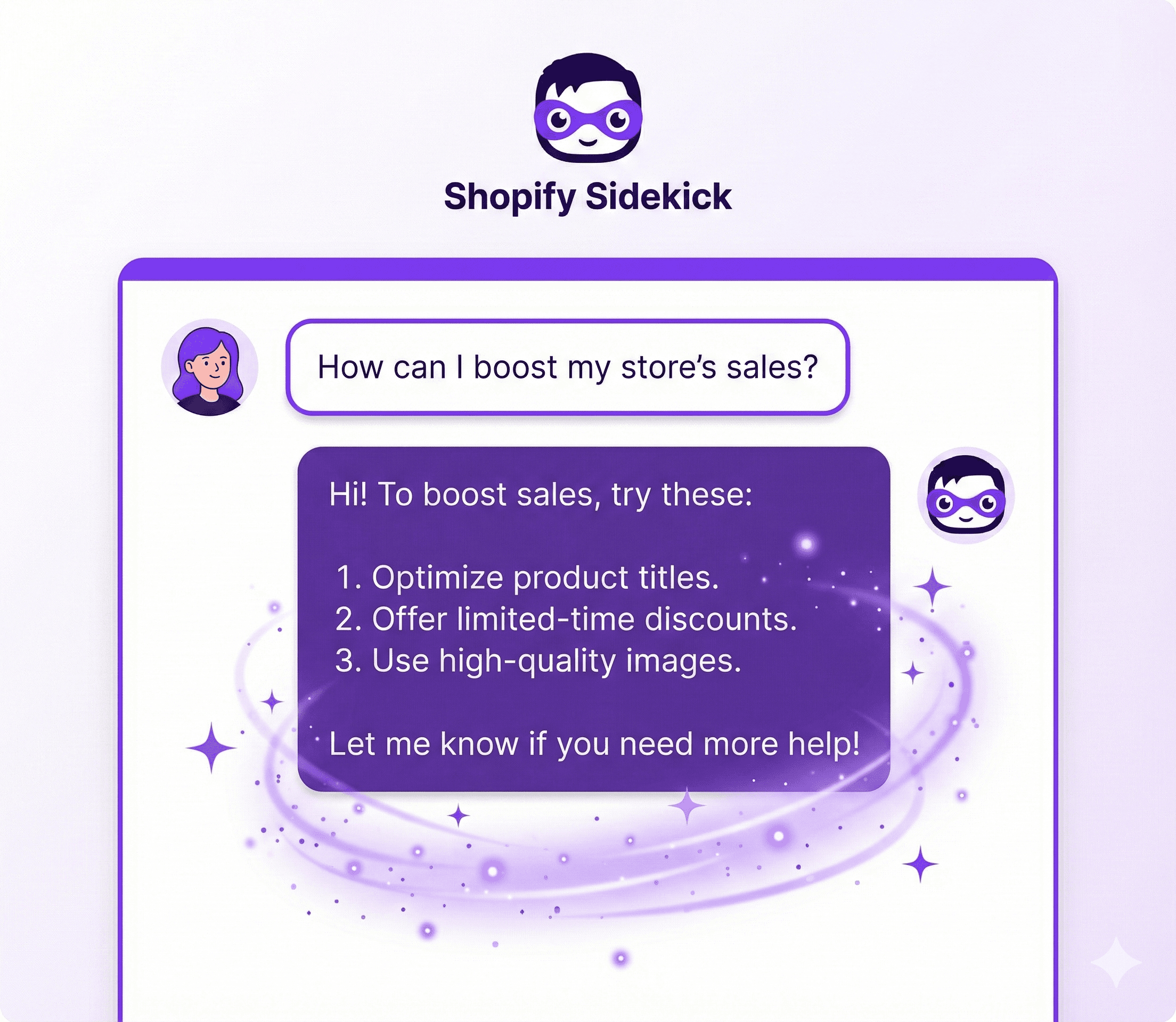 A friendly, modern illustration of an AI chat window. It features the "Shopify Sidekick" logo—a purple icon with a masked character wearing glasses. The chat bubbles show a user asking a question and the AI responding with a helpful list of tips, surrounded by purple magic sparkles and a soft circular glow.