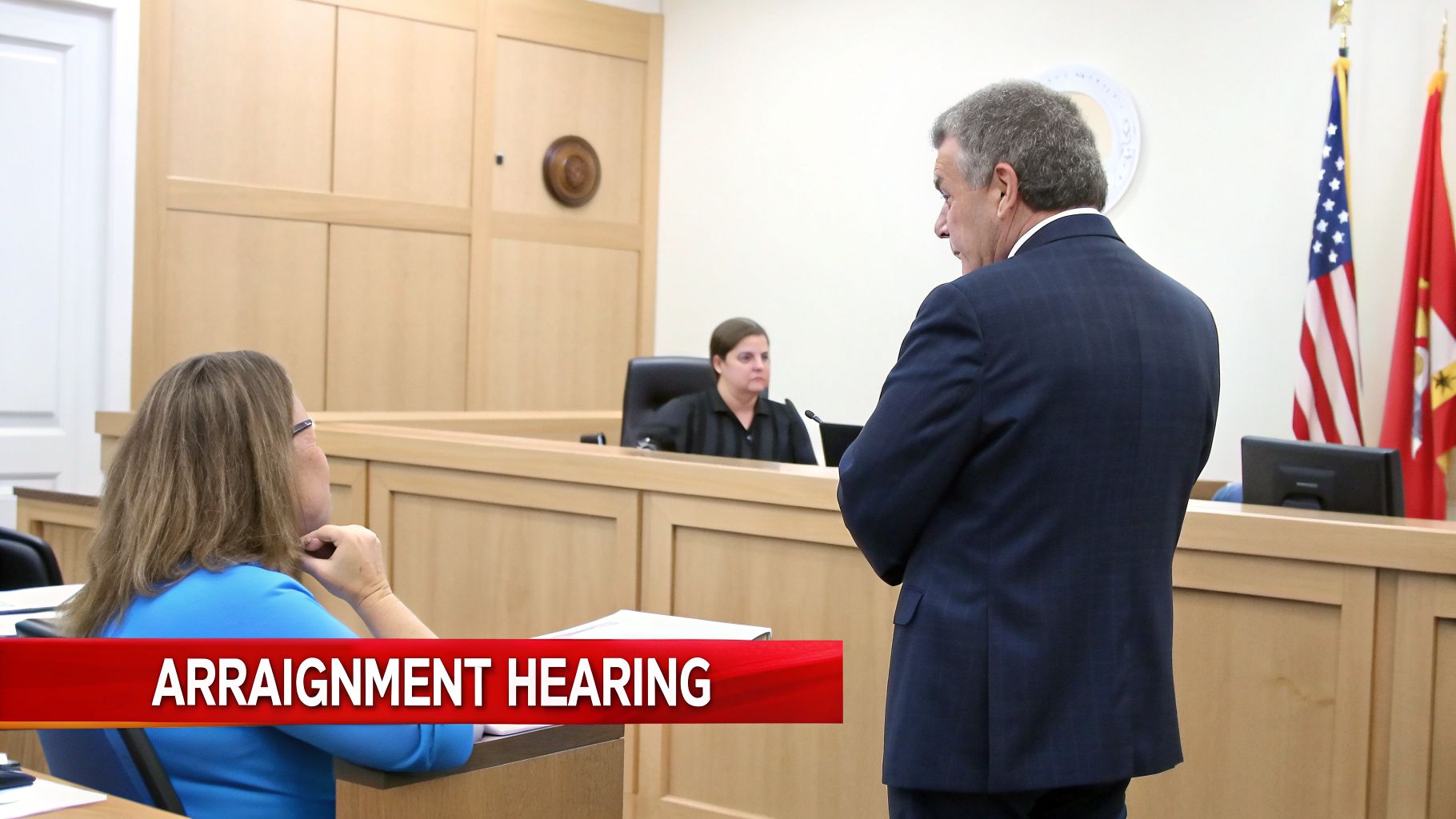 A courtroom scene with a judge, a man in a suit, and a woman, during an arraignment hearing.
