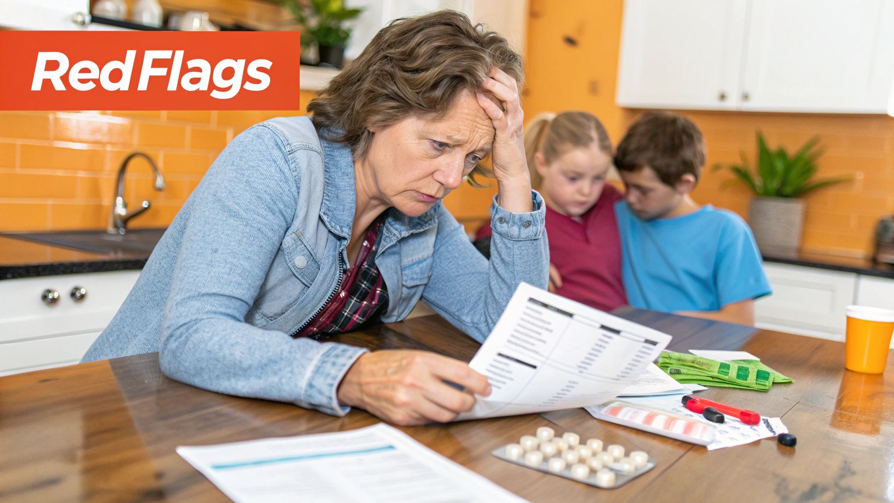 A family member having a caring, supportive conversation with an elderly parent at home.