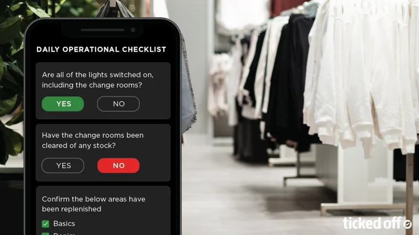 Ticked Off app showing a daily operational checklist for a retail store, with a clothing aisle behind