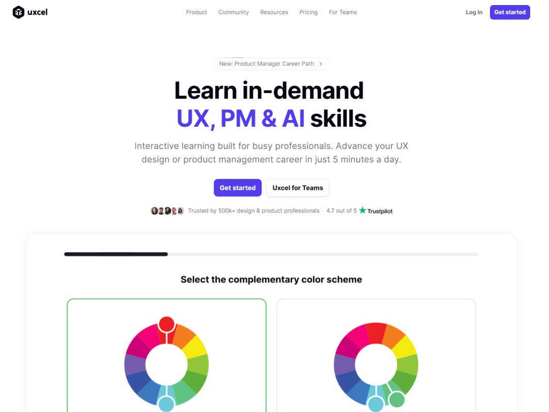 Screenshot of the Uxcel hero website (hero section)