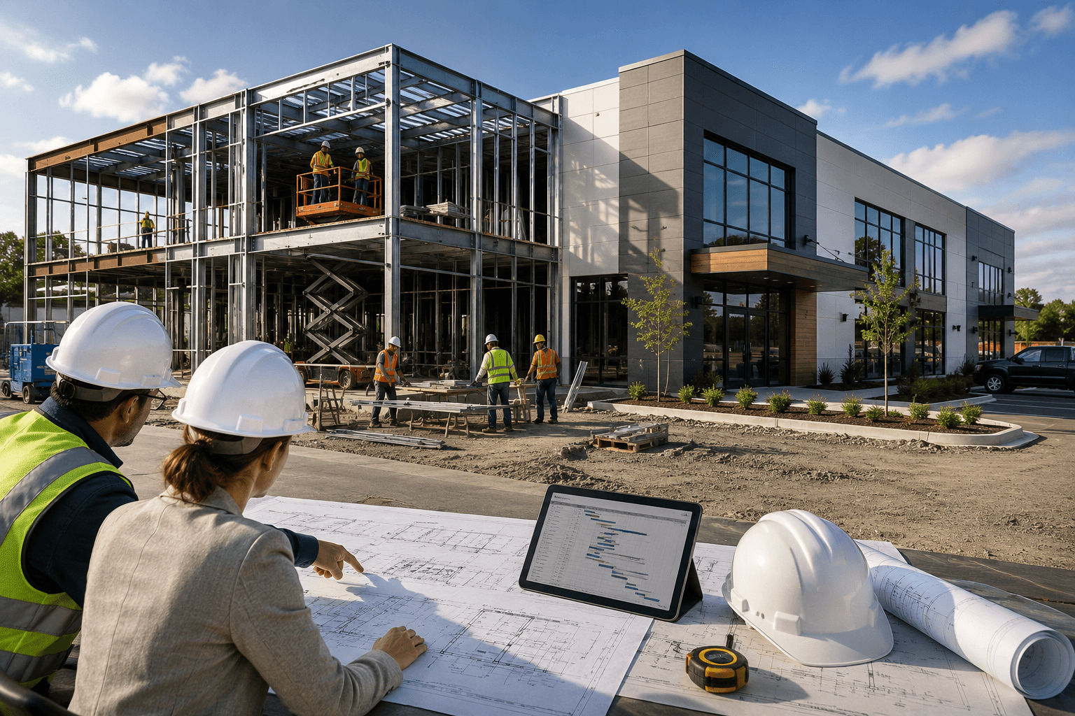 Commercial construction project in Ontario showing the complete building process from planning and design to structural work and project completion.