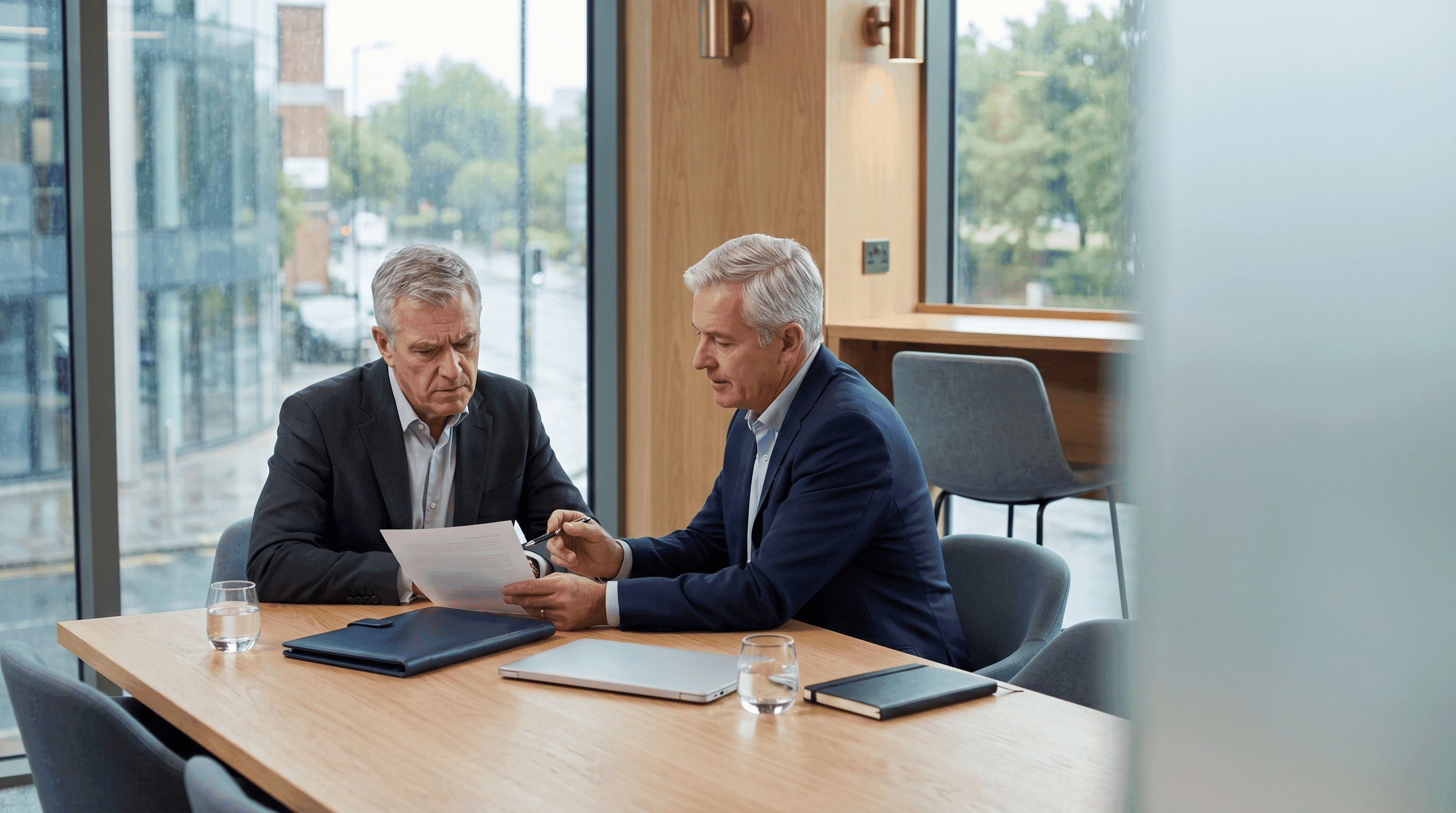 Business owner discussing hidden commercial exposure and stalled growth with a senior adviser.