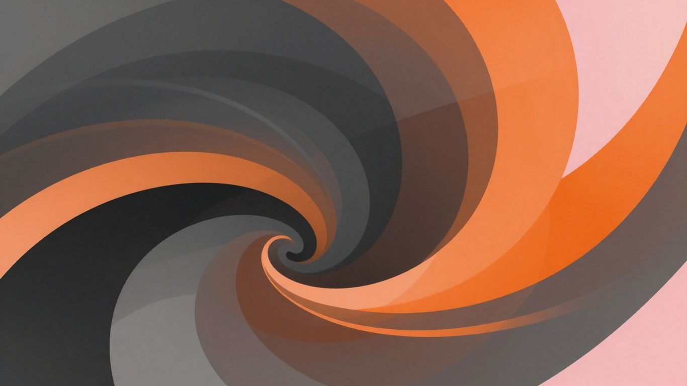 Abstract dark grey, orange, and pink design with geometric shapes.