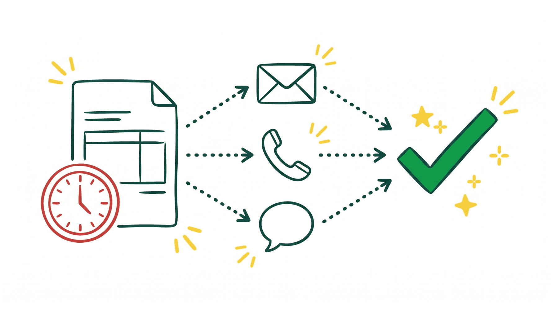 Illustration minimaliste d'une facture en retard avec une icône d'horloge, reliée par des flèches à plusieurs canaux de relance (email, téléphone, message) convergeant vers une coche verte de paiement