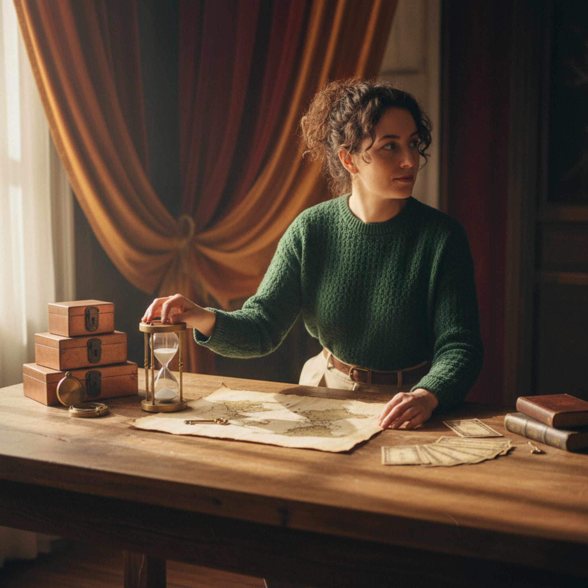 Eine Mitarbeiterin legt präzise einen Schlüssel unter eine alte Landkarte, während eine Sanduhr neu gedreht wird. Gedämpftes Licht betont Holz und Metall. Der Raum wirkt ordentlich zurückgesetzt, alles an seinem Platz. Ein leiser Vorhangzug bewegt sich, bereit für das nächste Team.