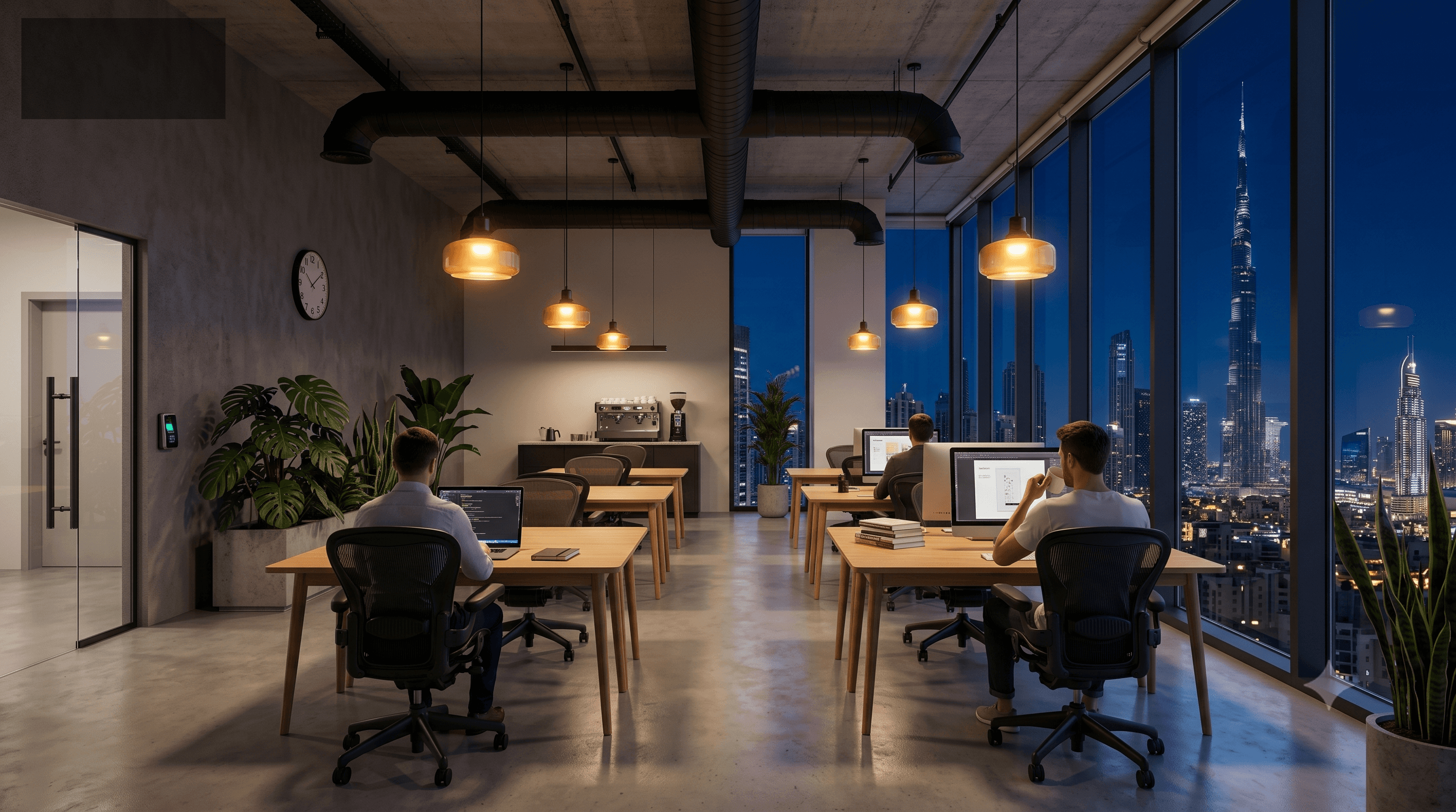 Modern Dubai coworking space at night with desks, warm pendant lighting and Burj Khalifa skyline view through floor-to-ceiling windows — 24/7 access workspace
