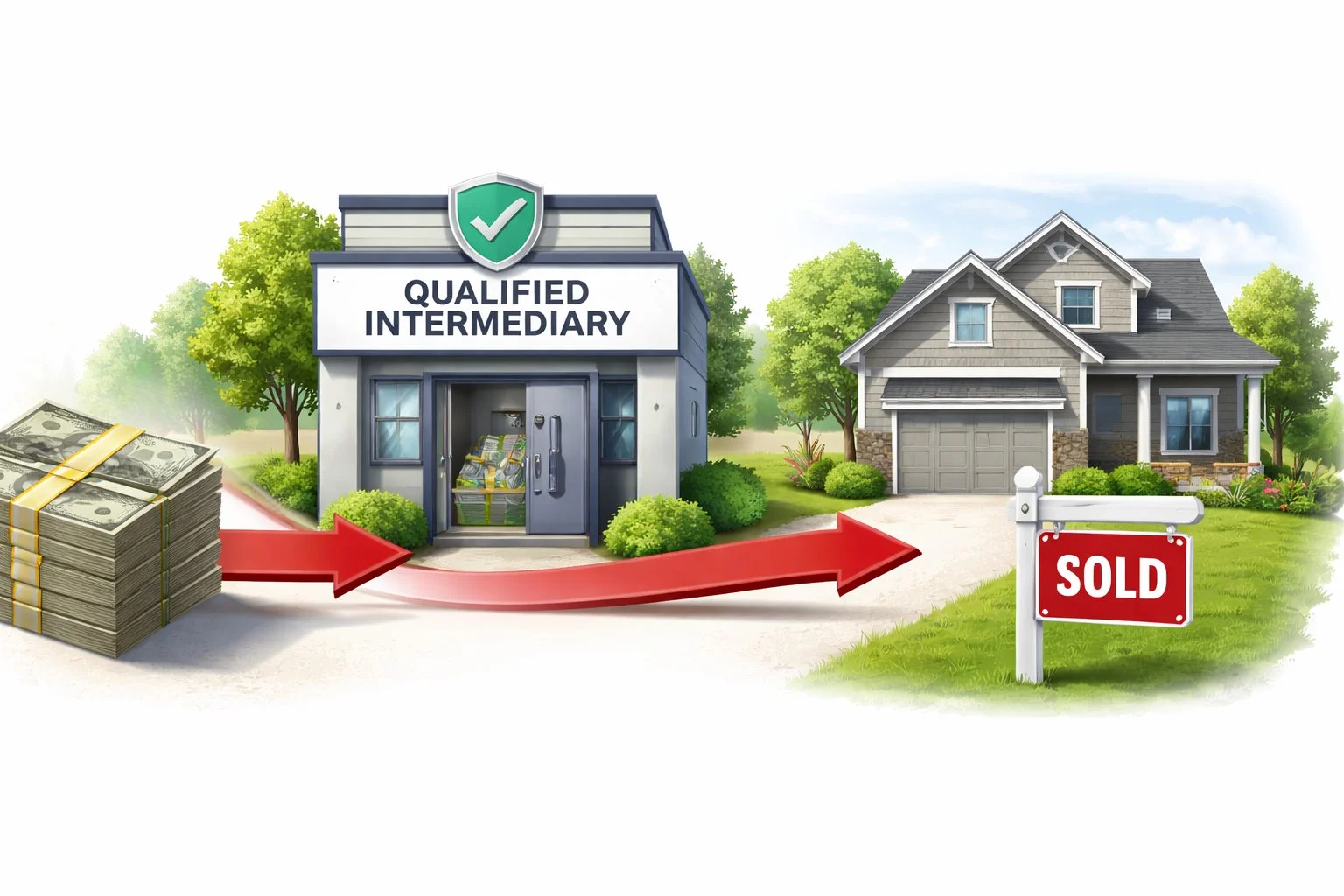 Symbolic illustration of funds moving securely through a qualified intermediary before being used to acquire new property.
