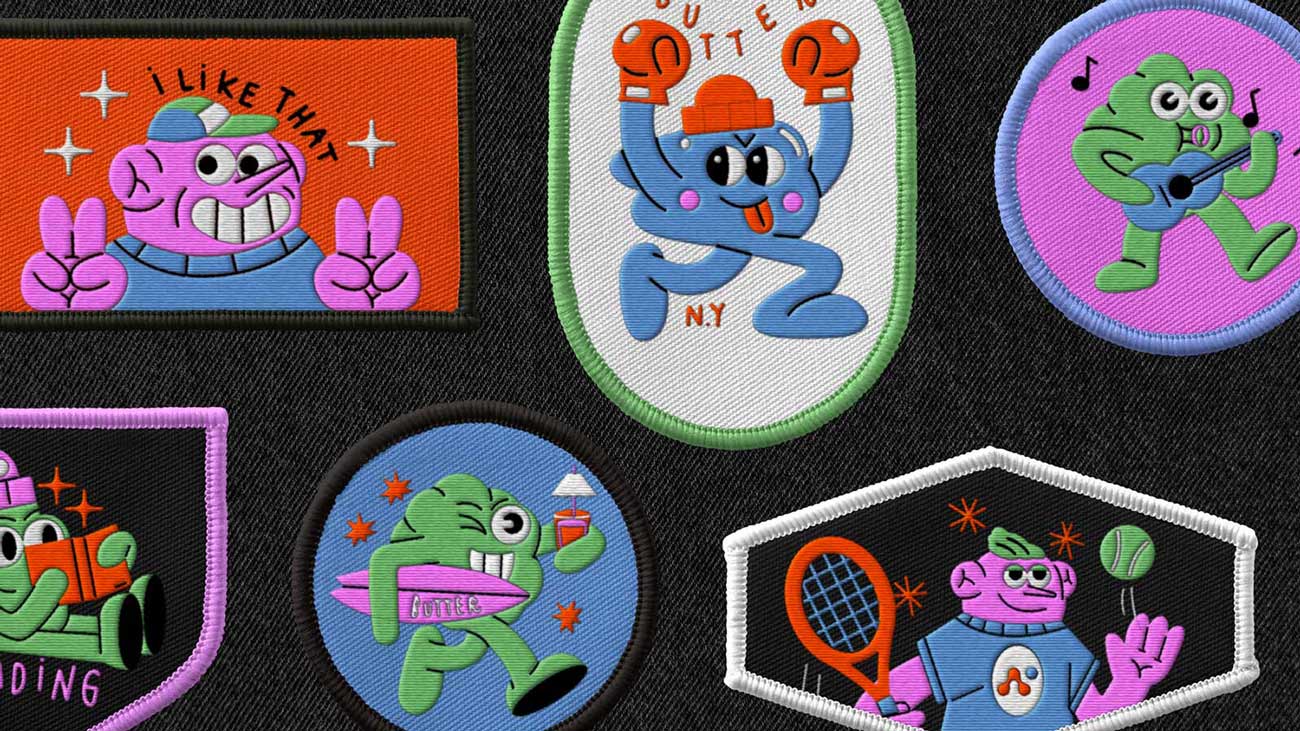 Six patchwork patches are displayed on a dark textured background. Each patch features cartoon characters in vibrant colors and playful poses. The top left patch has a pink-purple character with raised hands and the text "I LIKE THAT." The top center patch shows a blue character with boxing gloves and a hat, with "CUTTEN" written above it. The top right patch features a green character playing a blue guitar against a purple background. The bottom left patch shows a green character holding a surfboard with "AUTOTEC" written on it. The bottom center patch depicts a green character with a tennis racket. The bottom right patch shows a purple character holding a tennis ball and racket against a black background.