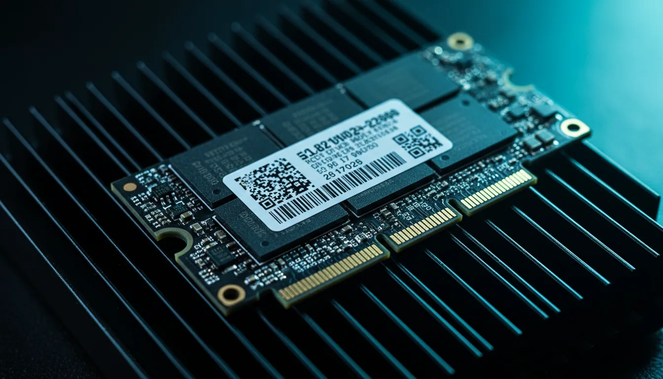 Macro DSLR photography of a high-performance M.2 NVMe SSD resting diagonally on a textured, matte black, finned metal heatsink. Dramatic, cool-toned studio lighting with a bright cyan accent light glowing from the top right corner casts deep shadows between the fins. The SSD has a black PCB, visible microchips, and gold-plated connectors. Sharp focus on the intricate details of the electronic components, with a detailed sticker on the main chip featuring abstracted technical text, barcodes, and a QR code. Professional product shot aesthetic.