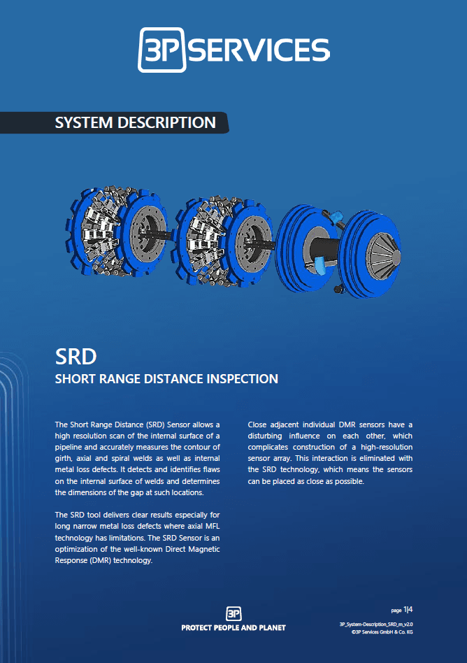 3P Services SRD - Schaubild des Kurzstrecken-Inspektionssystems mit blauen und silbernen Komponenten.