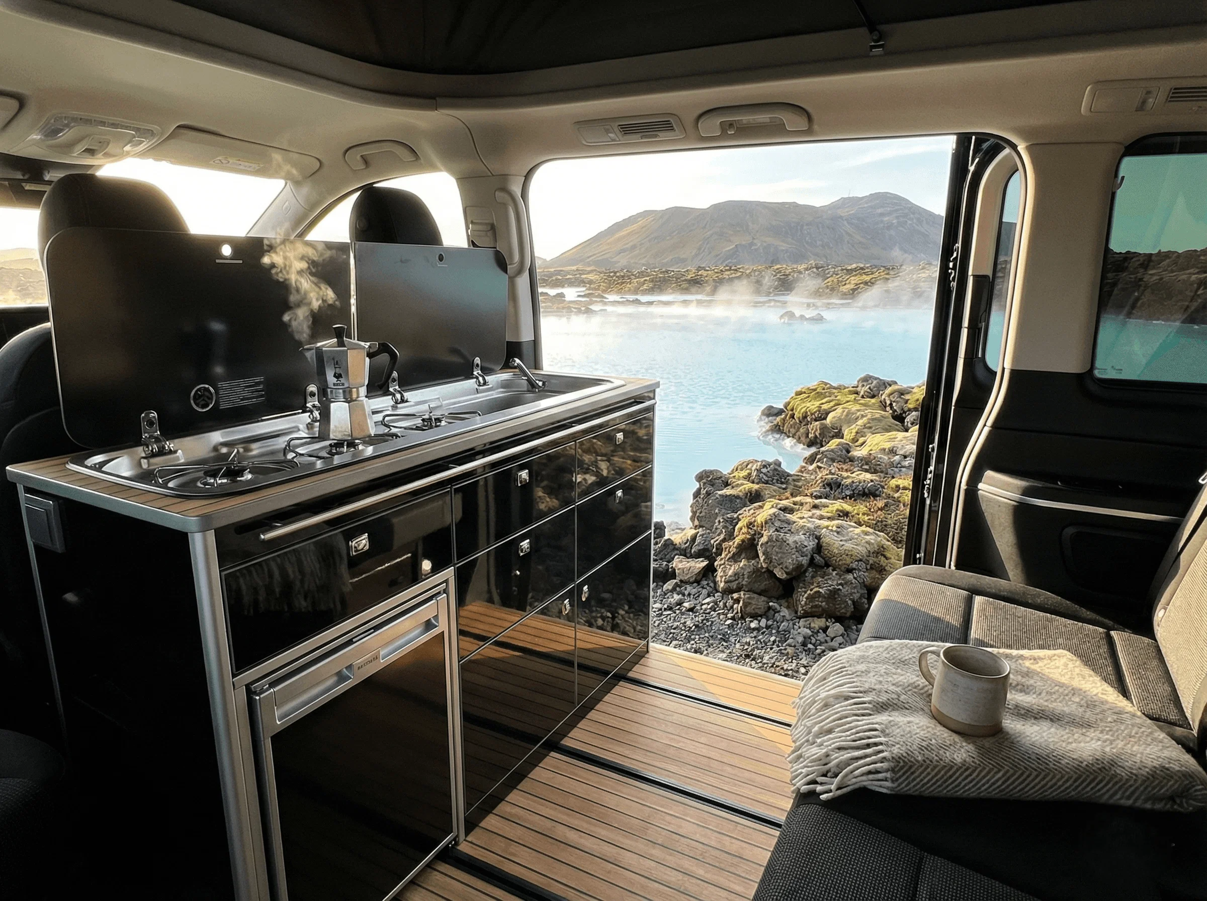 View from inside a camper van with a dark modern interior, looking out the open back doors at the ocean and cliffs.