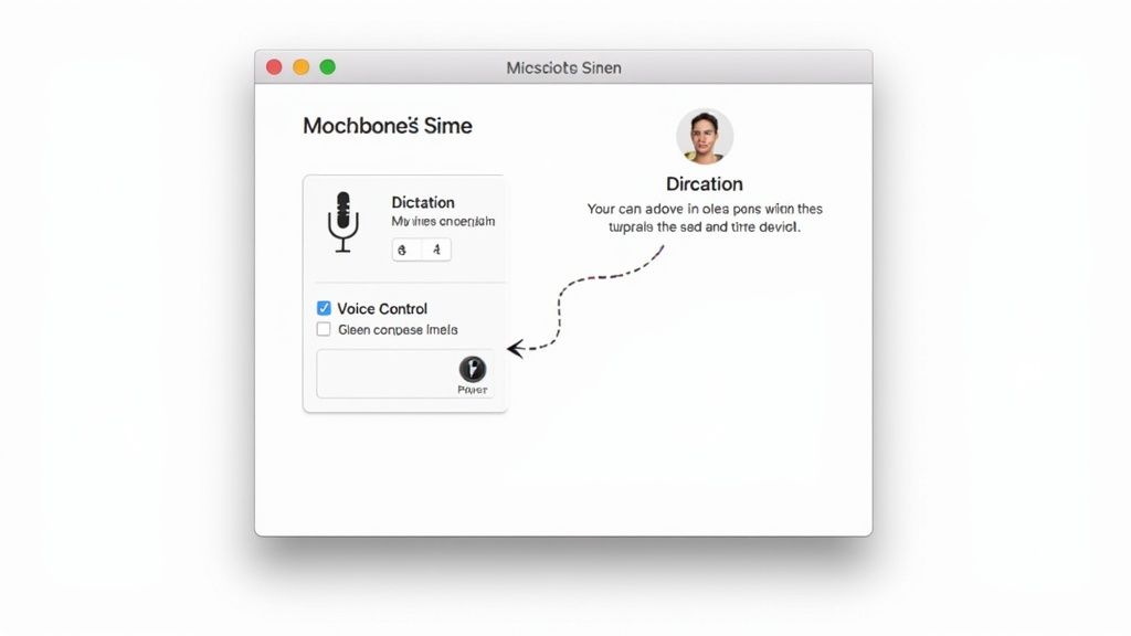 macOS dictation settings window showing voice control options and microphone configuration interface