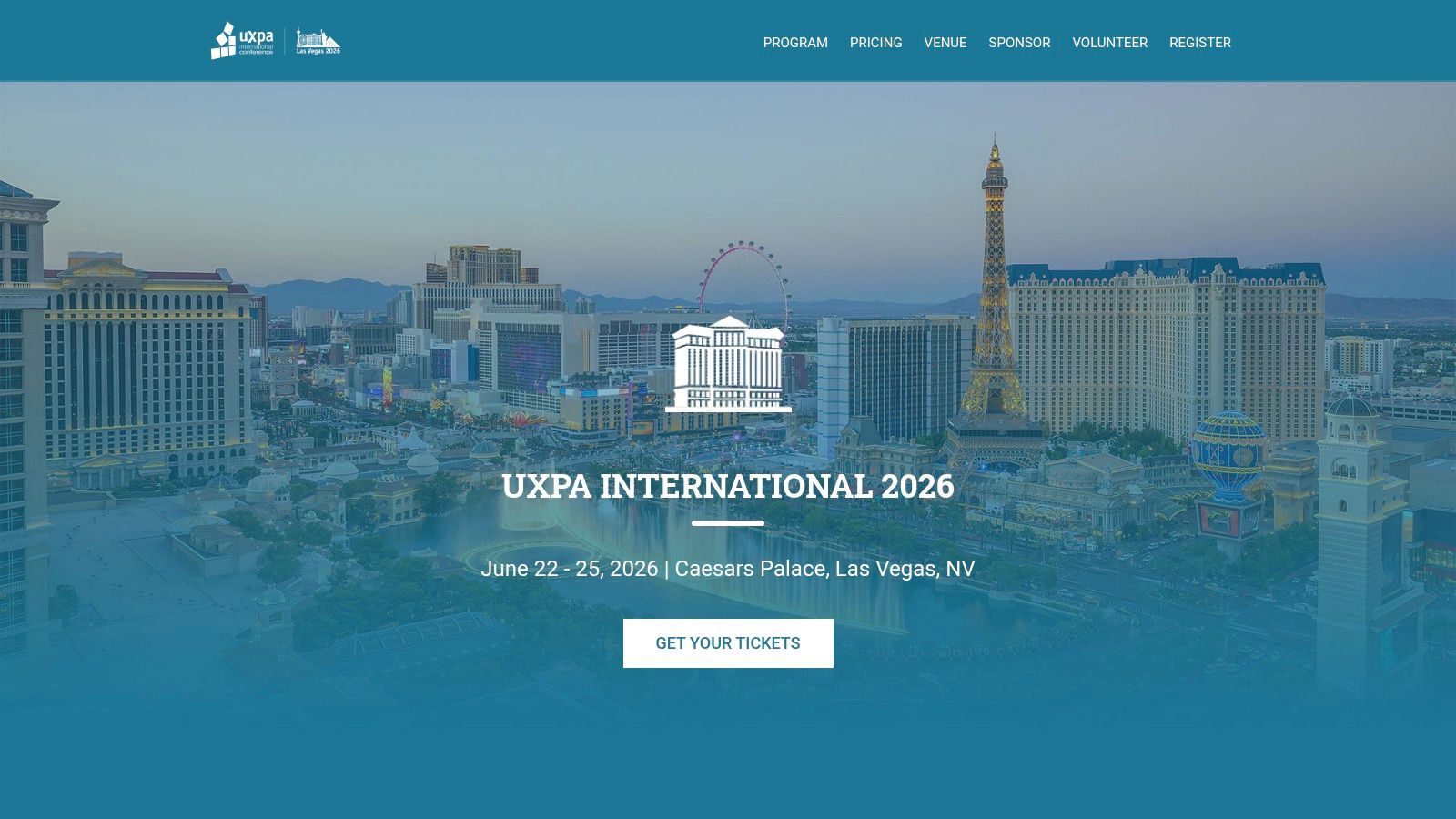 An aerial view of the Las Vegas strip at dusk, representing the vibrant location of the UXPA International 2026 conference.