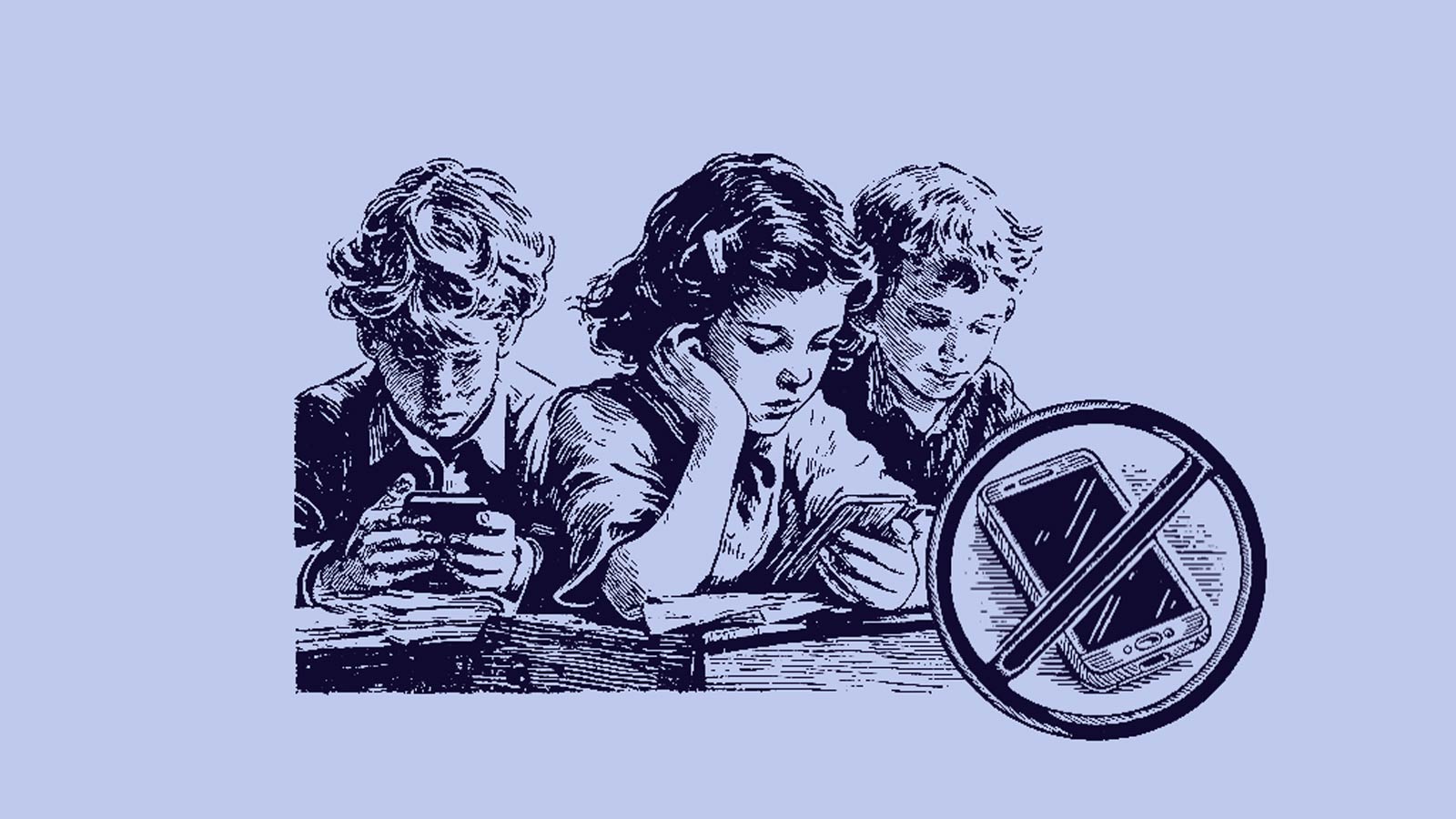 Ilustración de tres niños pequeños y un celular que tiene dibujado encima el signo de prohibición en la carta al director Emergencia de la niñez de IdeaPaís.