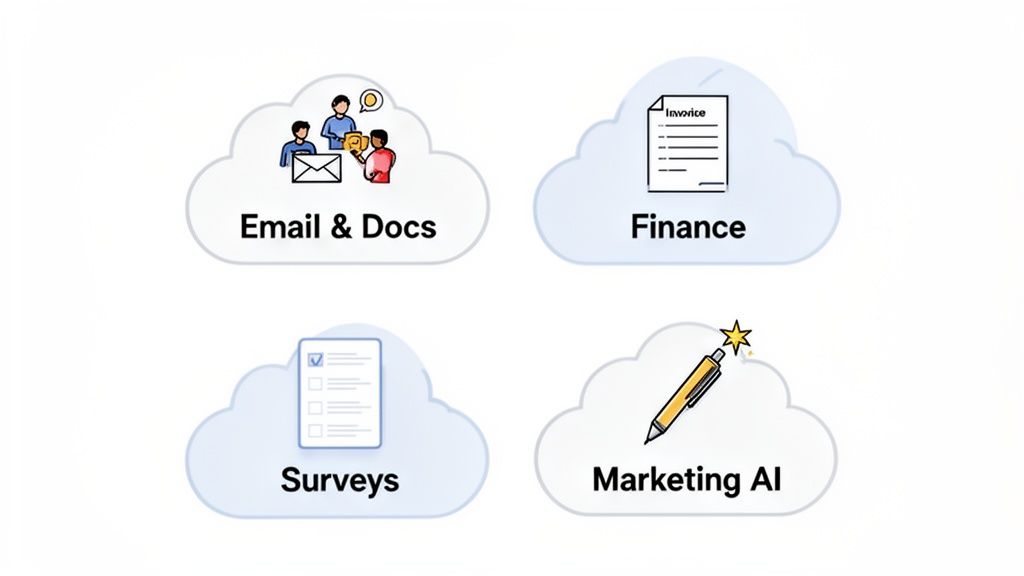 Illustration of four cloud computing solutions for business operations: email & docs, finance, surveys, and marketing AI.