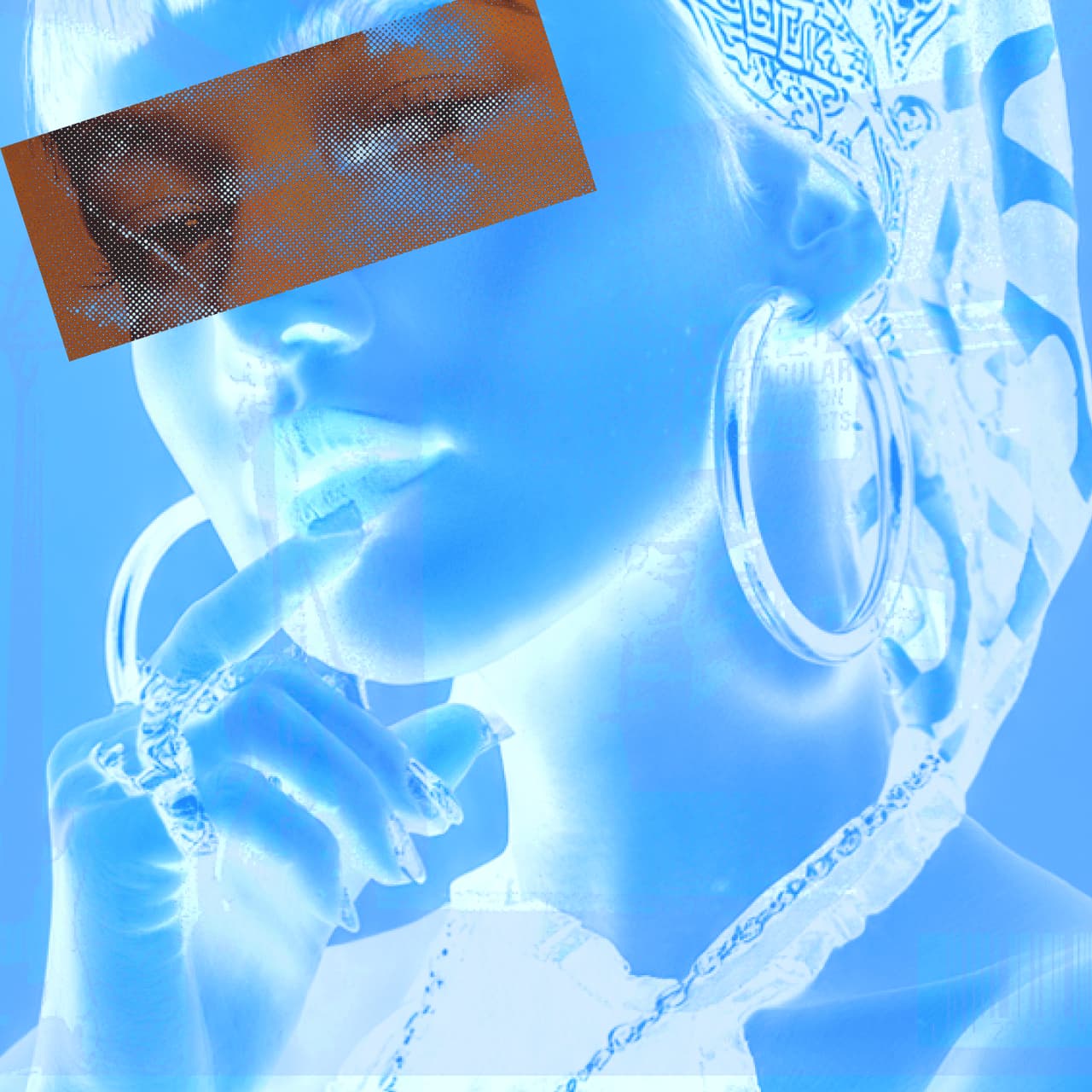 High-contrast blue portrait of a woman with hoop earrings and hand near her lips, partially covered by a textured graphic band across the eyes.