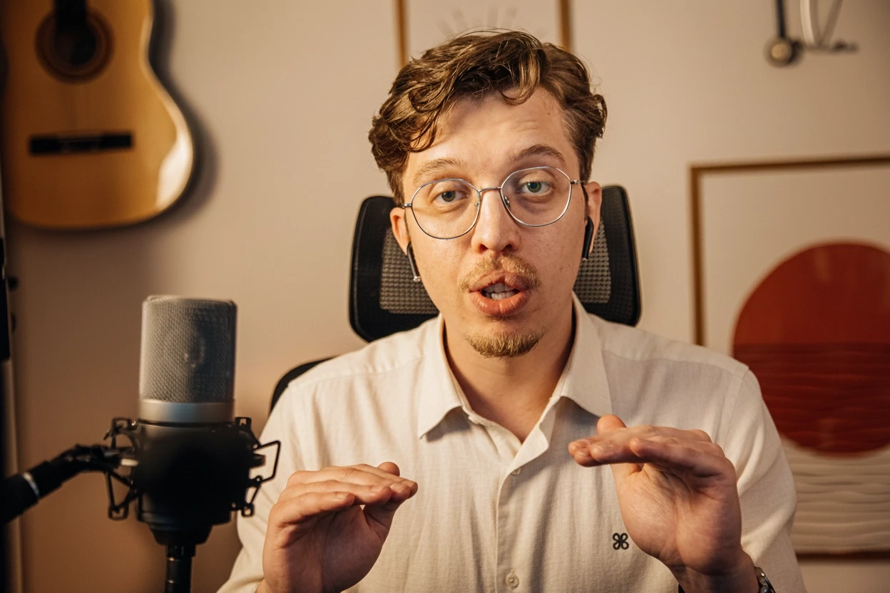 Homem de óculos, cabelo ondulado, bigode e cavanhaque, gesticulando e falando em frente a um microfone. Ele usa fones de ouvido sem fio. Ao fundo, um violão e uma arte abstrata emoldurada.