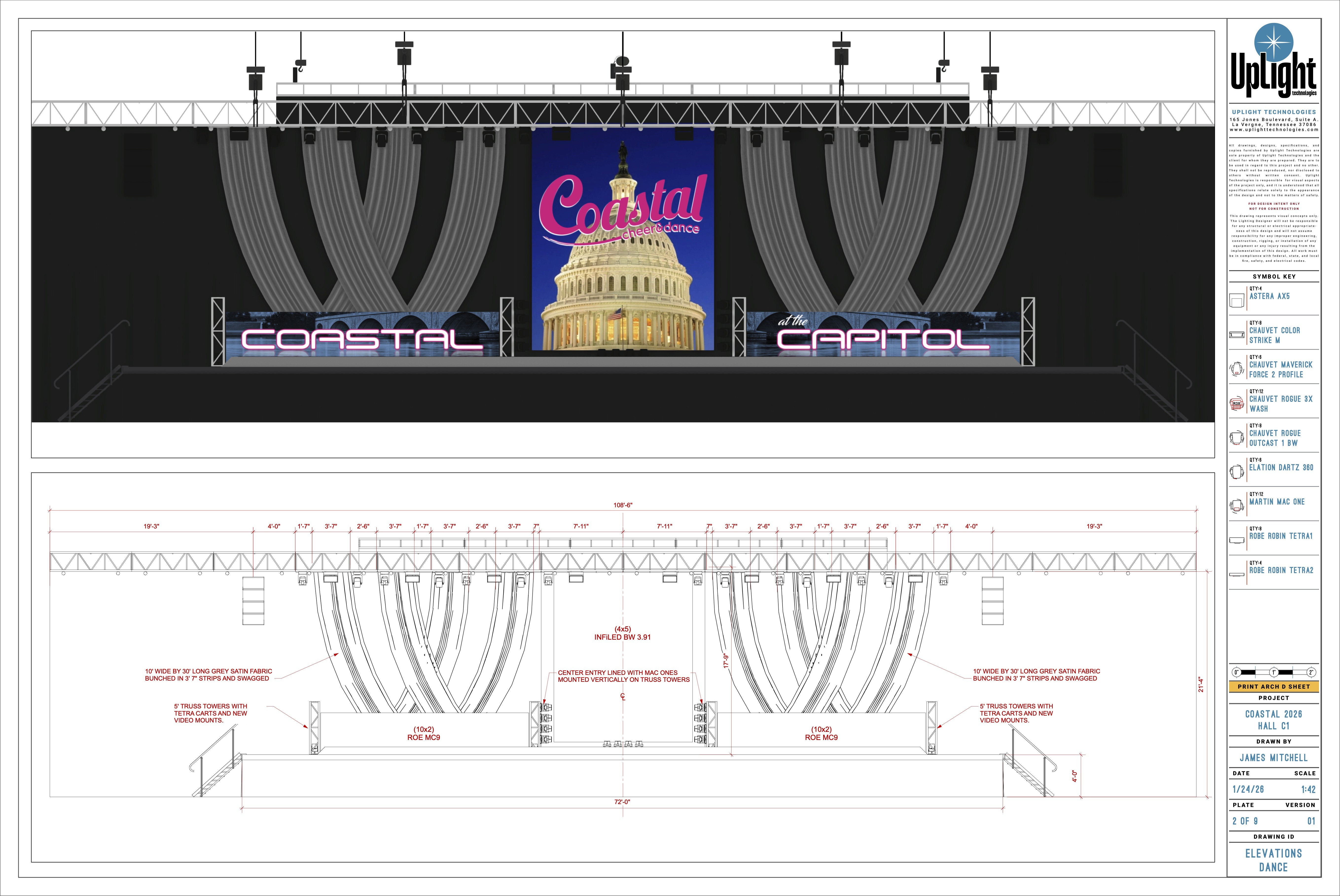Coastal at the Capital athletic and cheer event stage and lighting design by UpLight Technologies