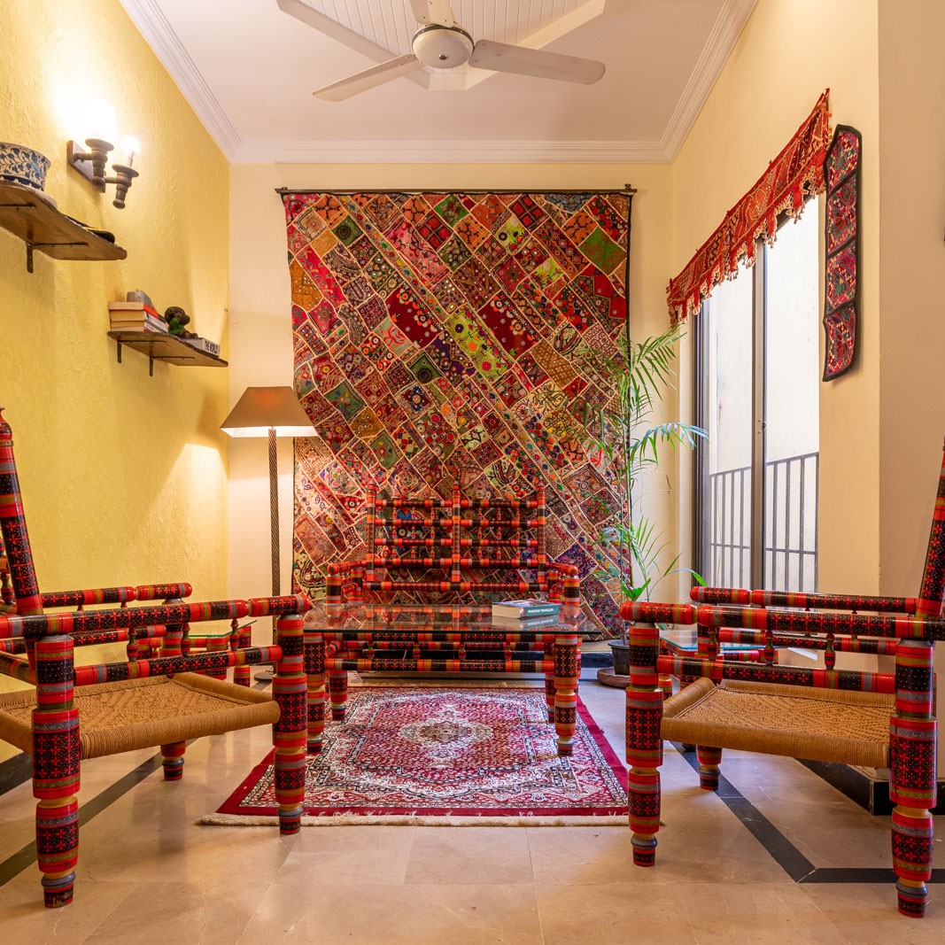 Colorful traditional interior of Coyote Den Hostel Islamabad in Pakistan