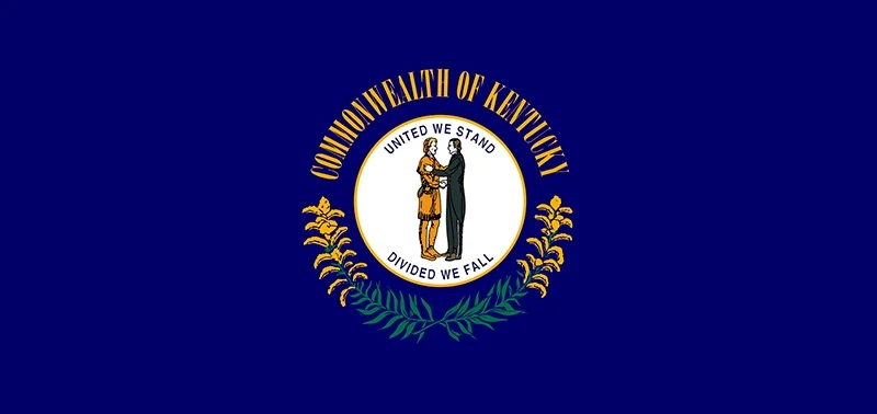 Flag of Kentucky: A blue field with the state seal in the center, featuring two figures shaking hands, surrounded by the words "Commonwealth of Kentucky" and goldenrod sprigs.