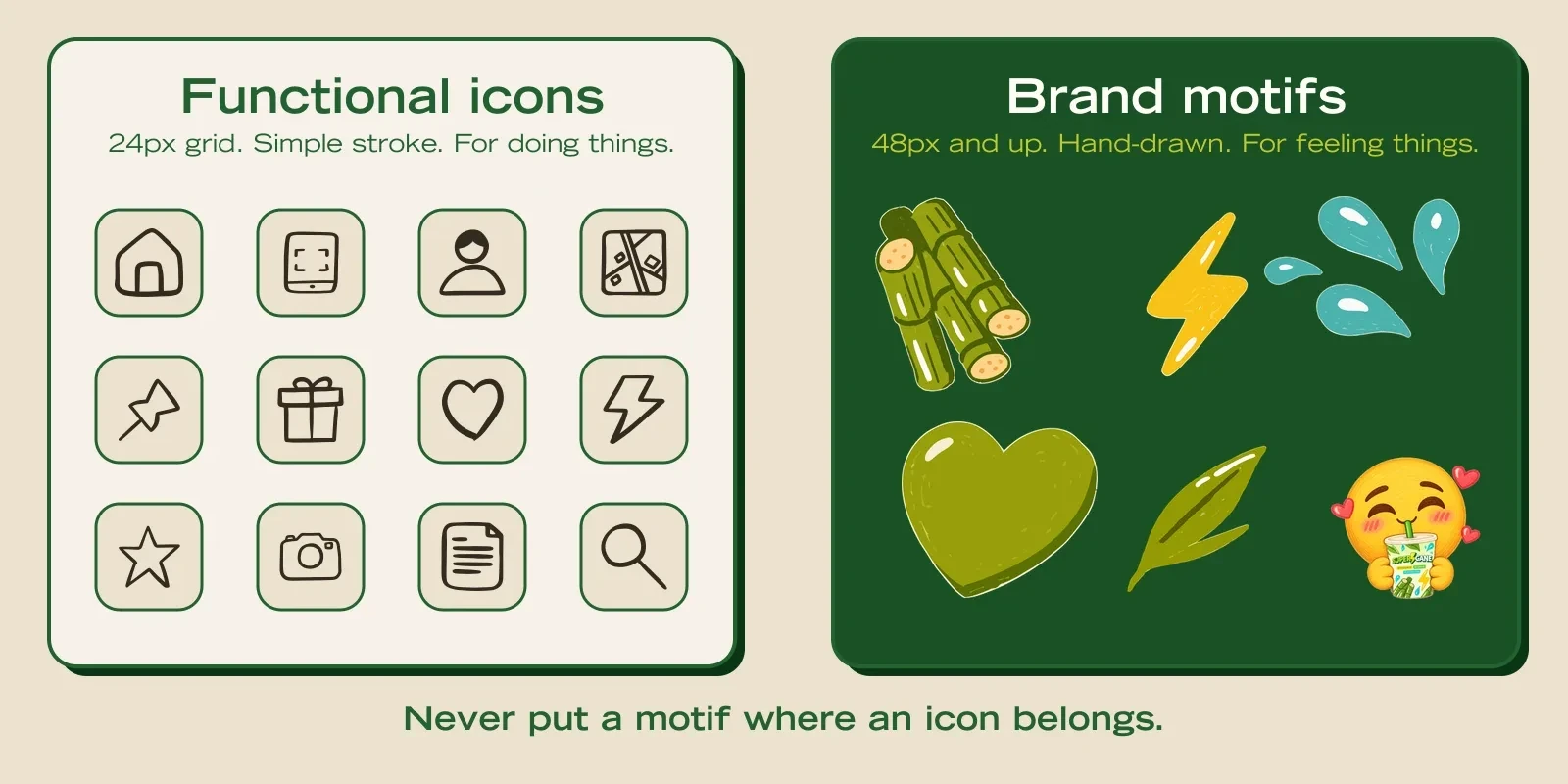 Two tiers: functional stroke icons on the left, hand-drawn brand motifs on the right