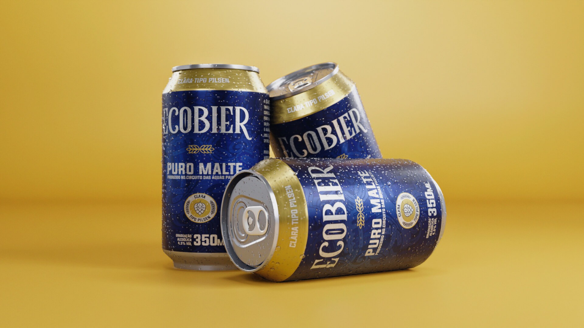 Professional studio shot of three Ecobier beer cans arranged in a group on a yellow surface with soft lighting and realistic textures.