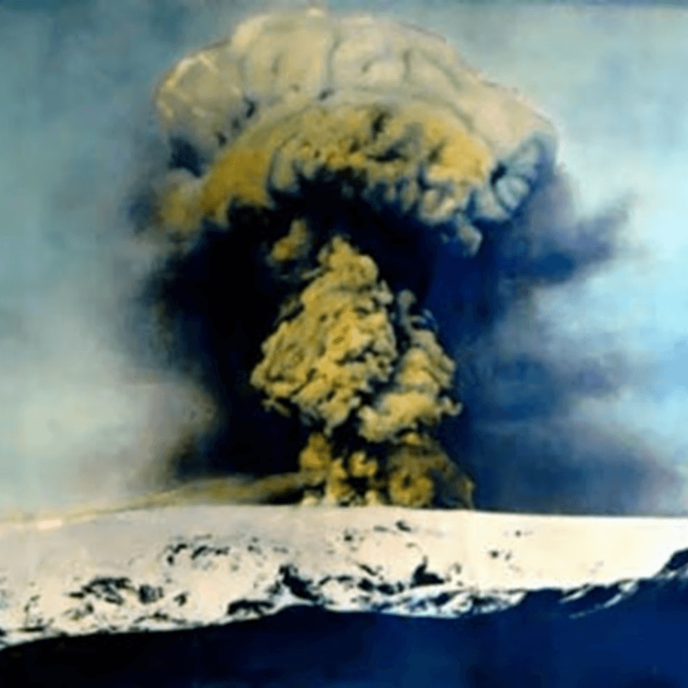 A huge cloud of ash, and pummice rises from the 1918 eruption of Katla Volcano.