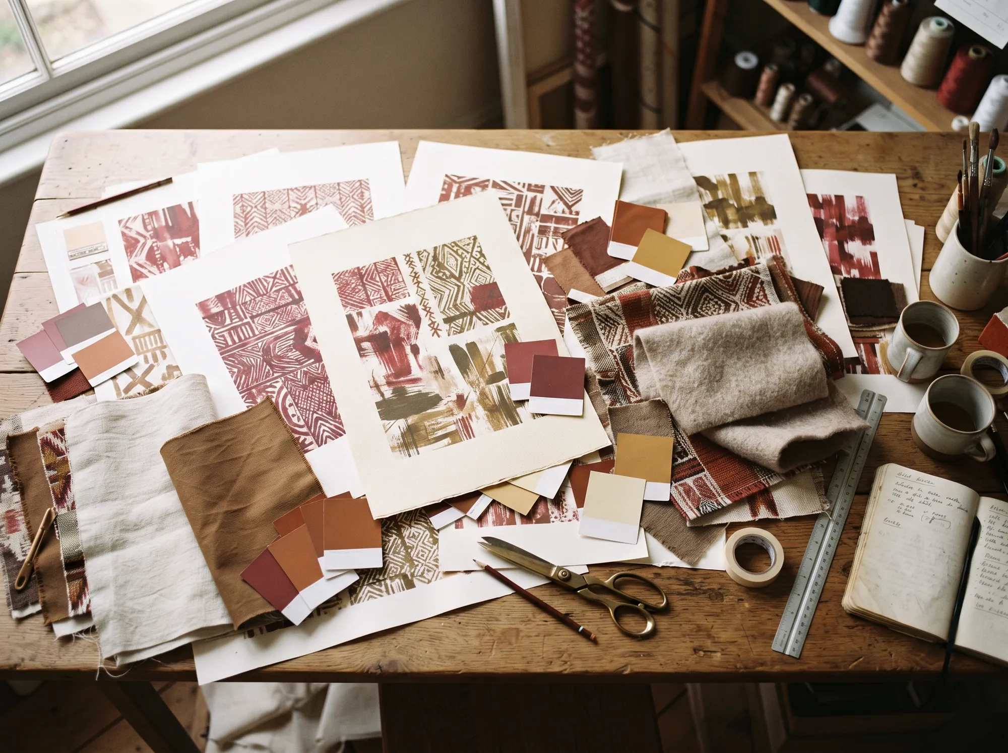 Print table with proofs, paper and colour swatches