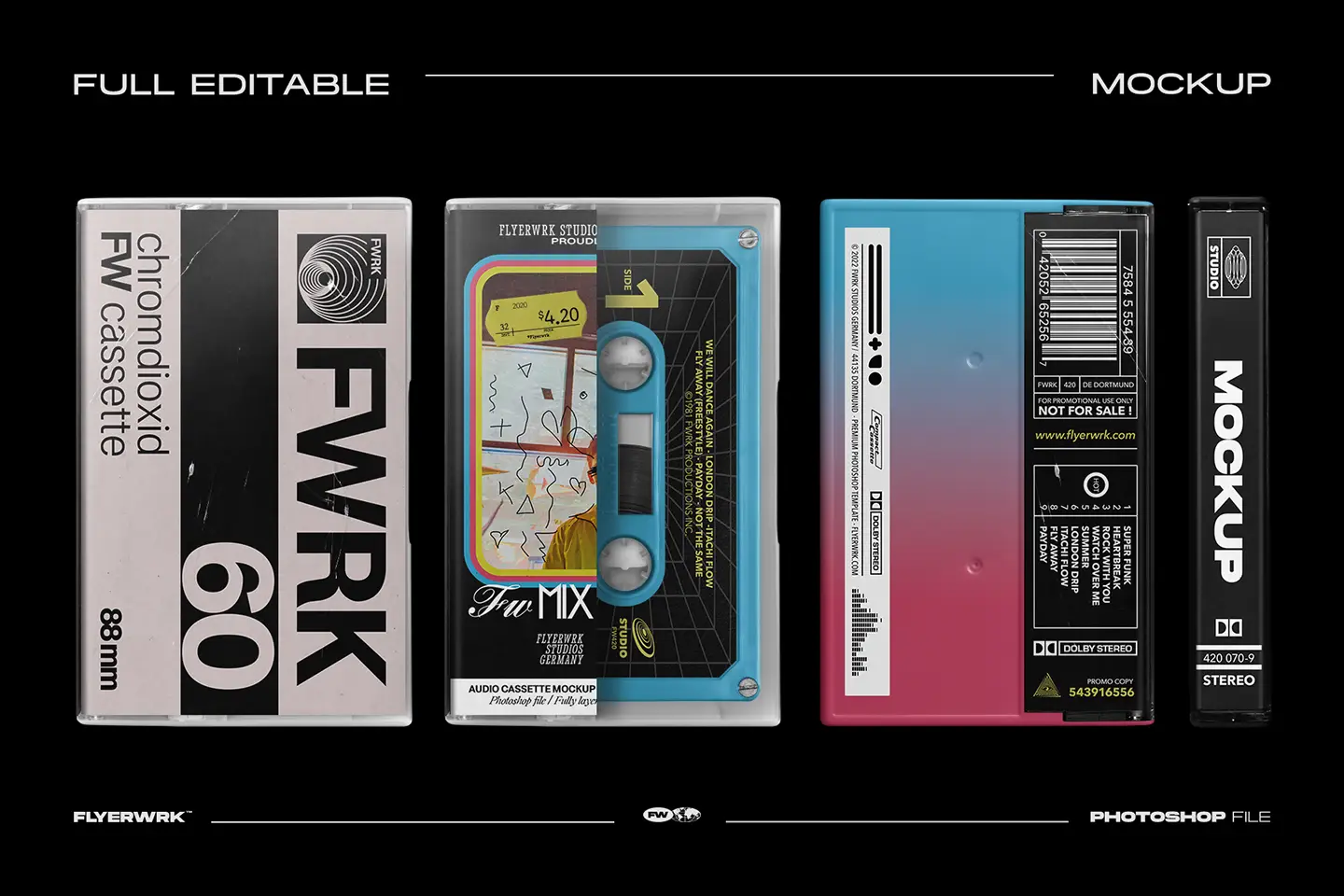 Cassette Case Mockup 02 with a colorful gradient J-card and fully editable design elements.